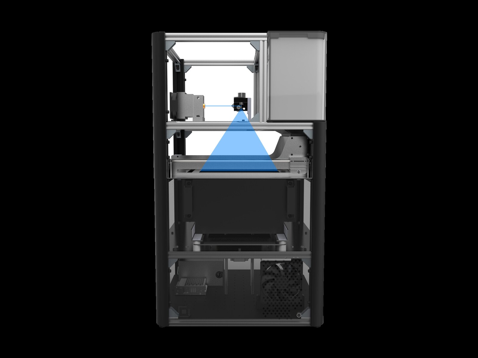 ADI sintering machine cutaway — laser fires blue beam onto powder bed to fuse cross-section