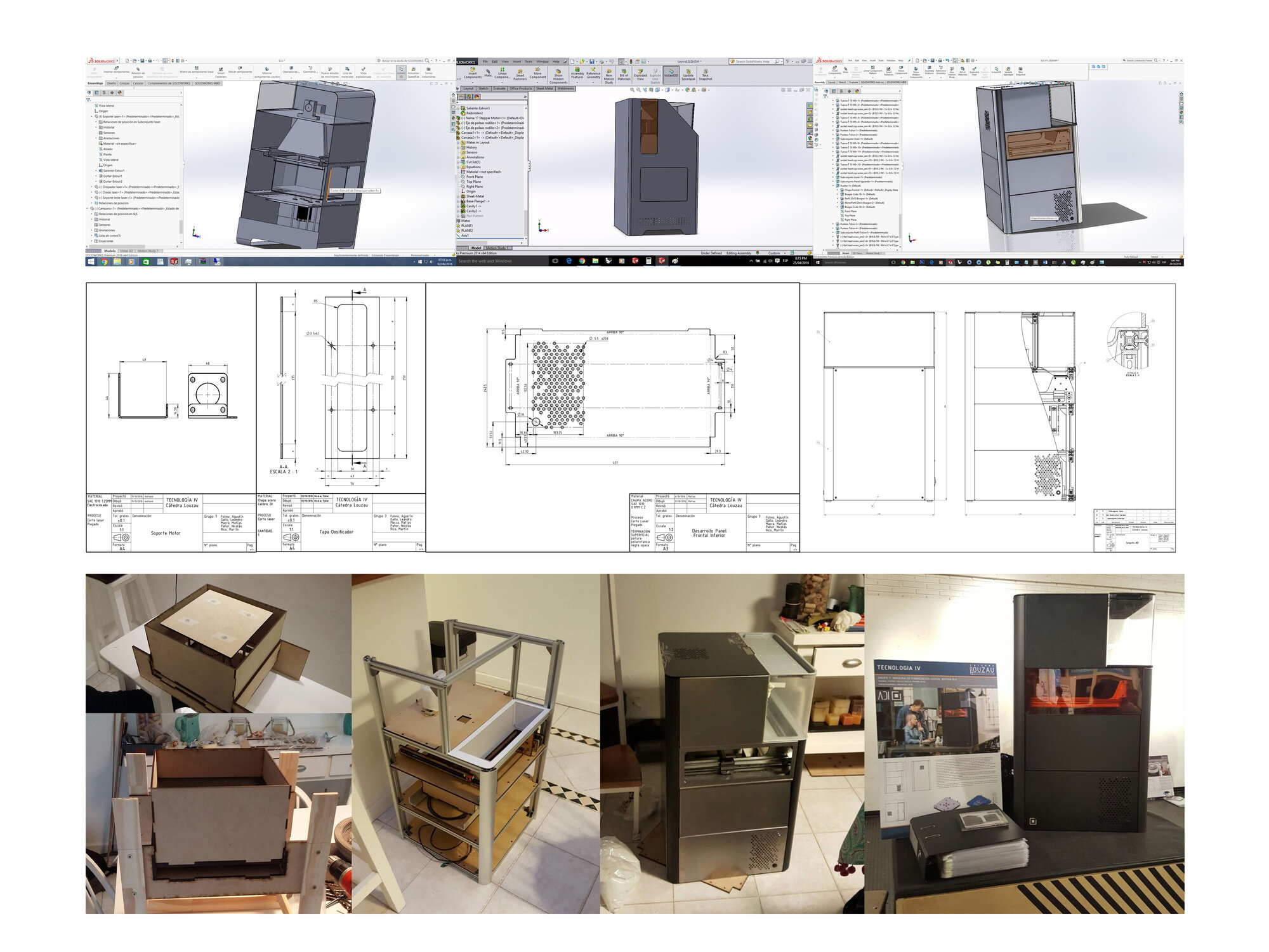 Process board showing SolidWorks CAD screenshots, dimensioned sheet-metal engineering drawings, and photos of the ADI physical prototype at three build stages with final delivery poster
