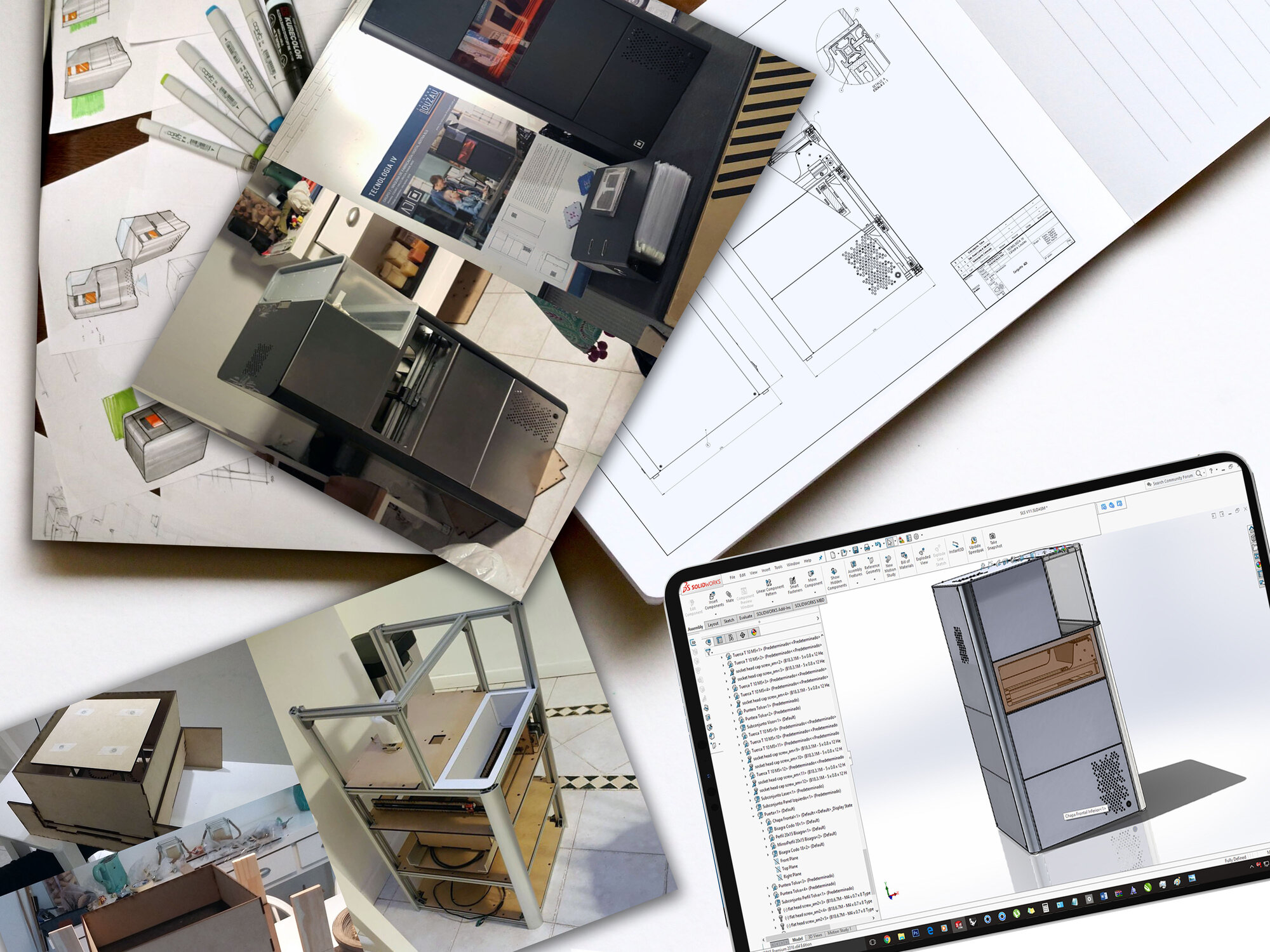 Desk moodboard with marker sketches of the ADI machine, prototype photos, engineering drawing, and SolidWorks model on an iPad