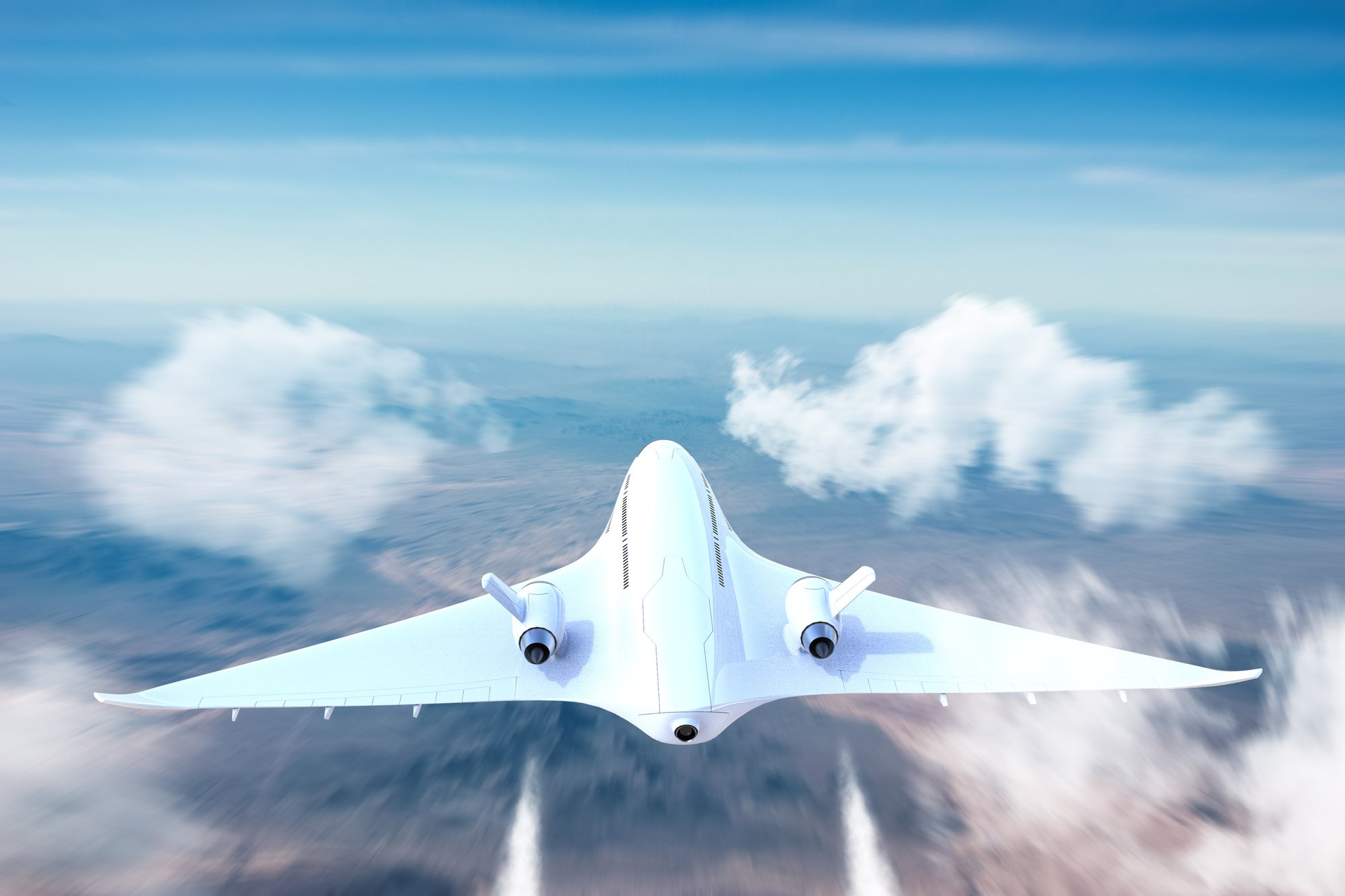 Airliner concept seen head-on above clouds