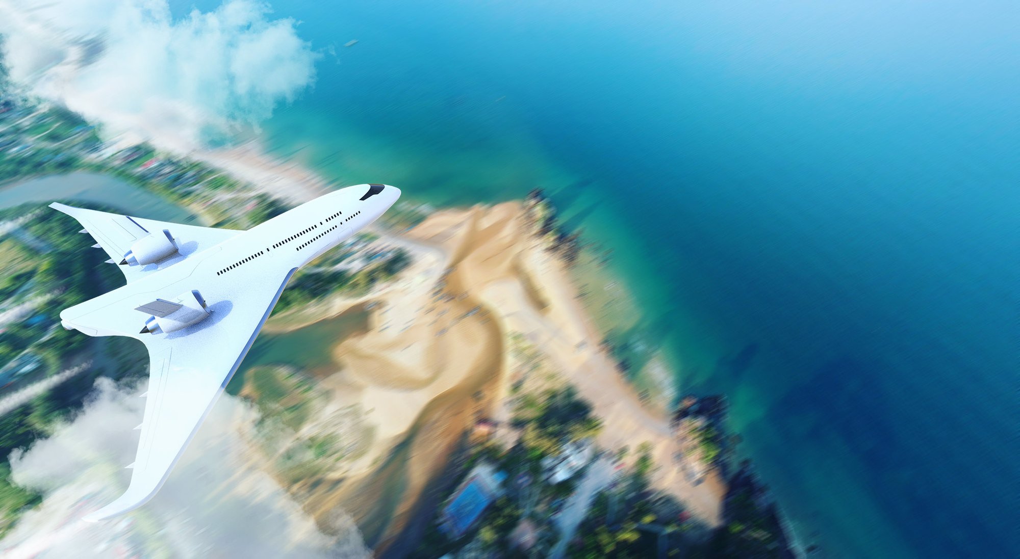 Airliner concept seen from above over a tropical coastline