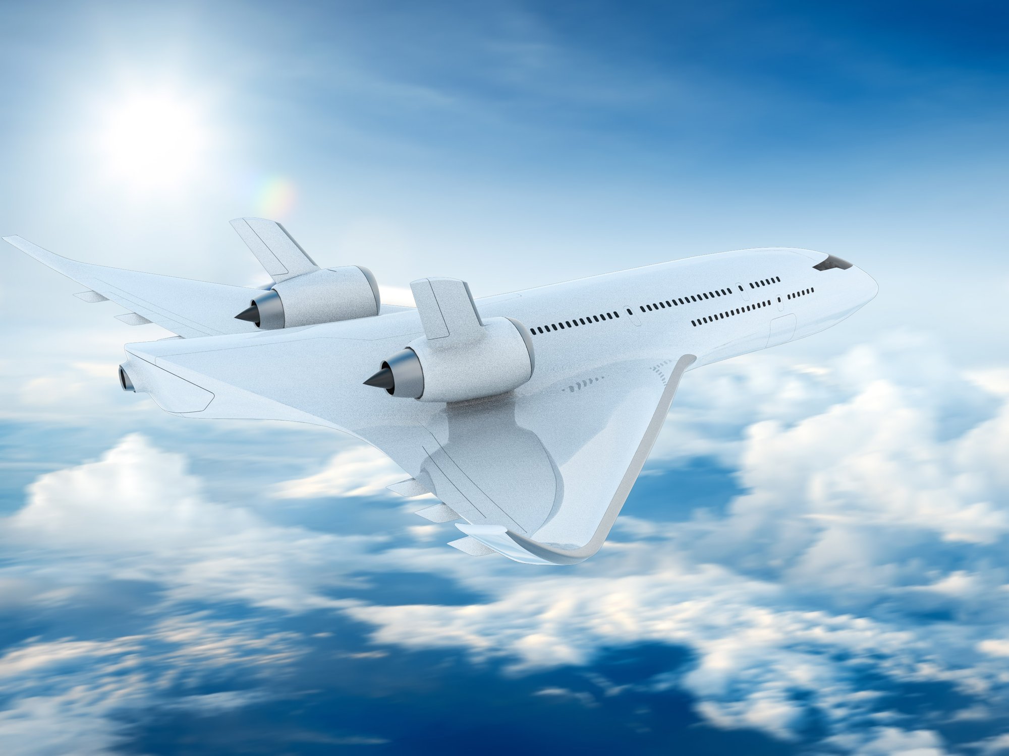 Airliner concept from above and behind showing twin fins