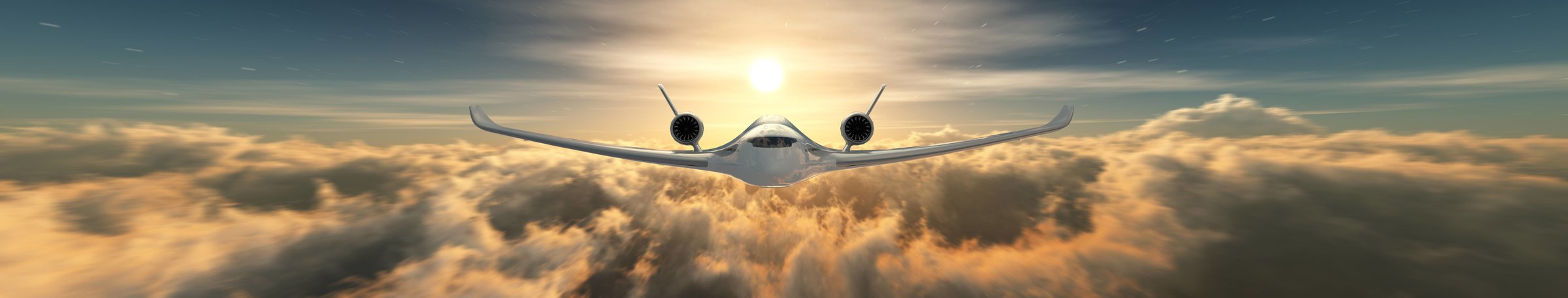 Airliner concept head-on above a cloud deck at sunrise