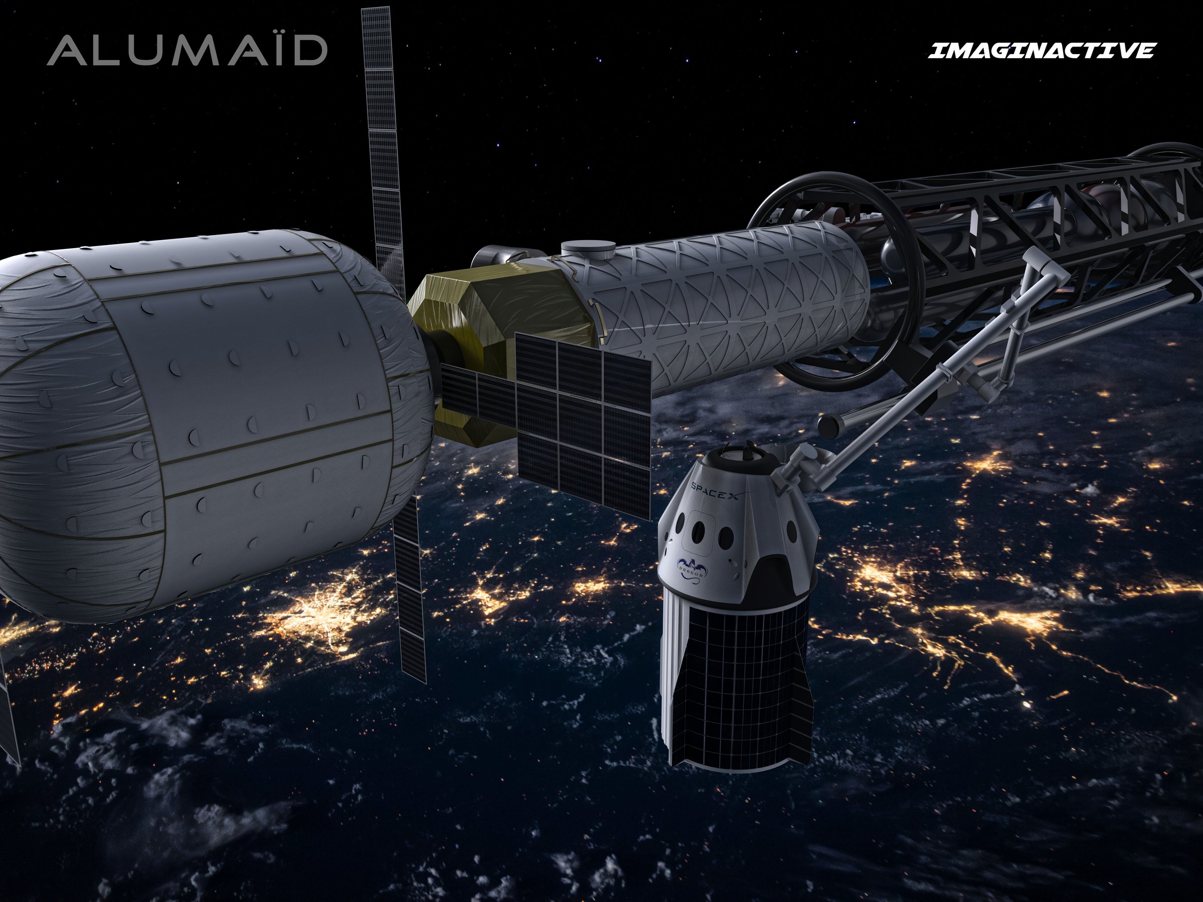 Alumaïd orbital vehicle with robotic arm and docked capsule