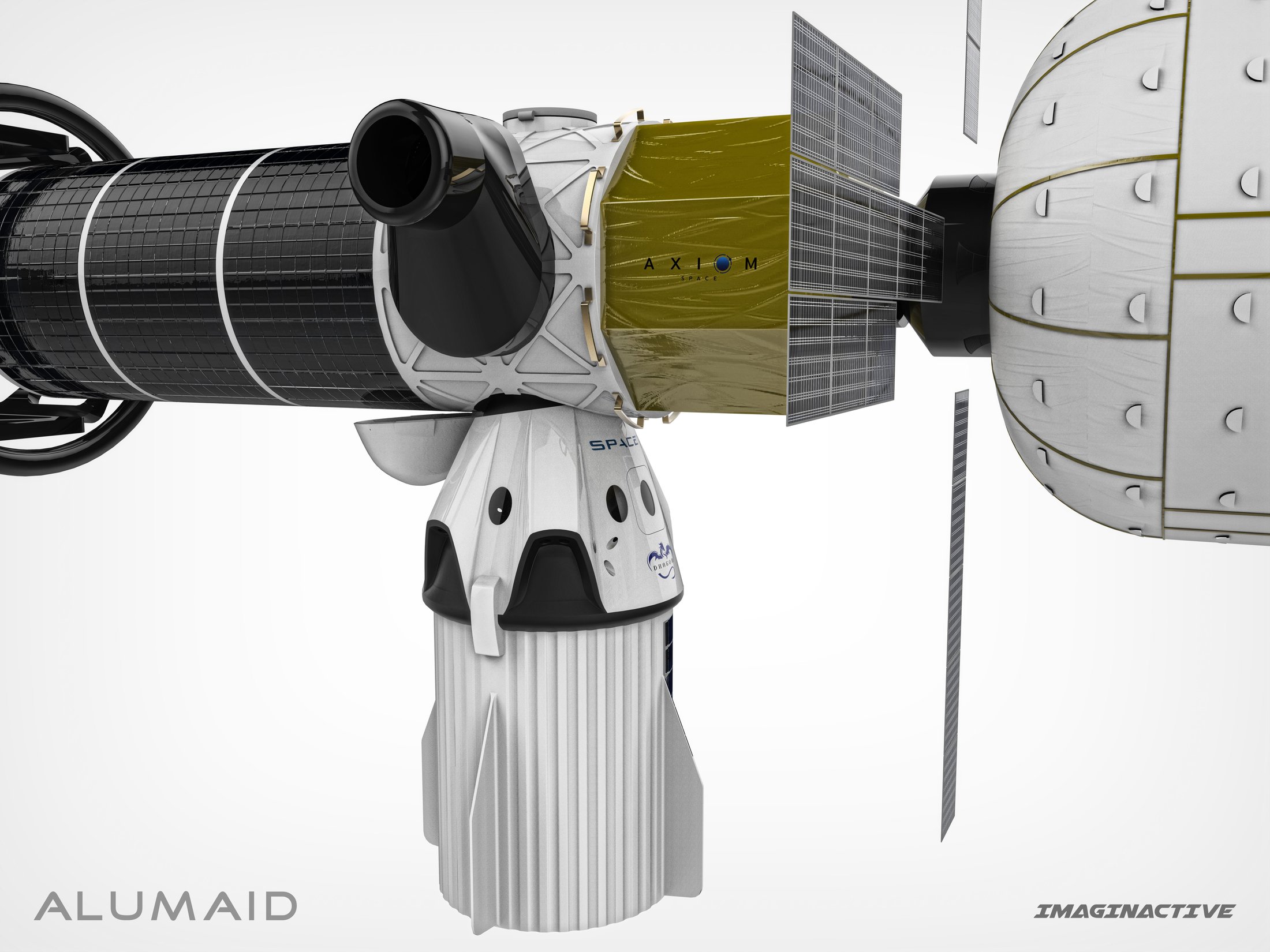 Close view of the Alumaïd docking node and docked crew capsule