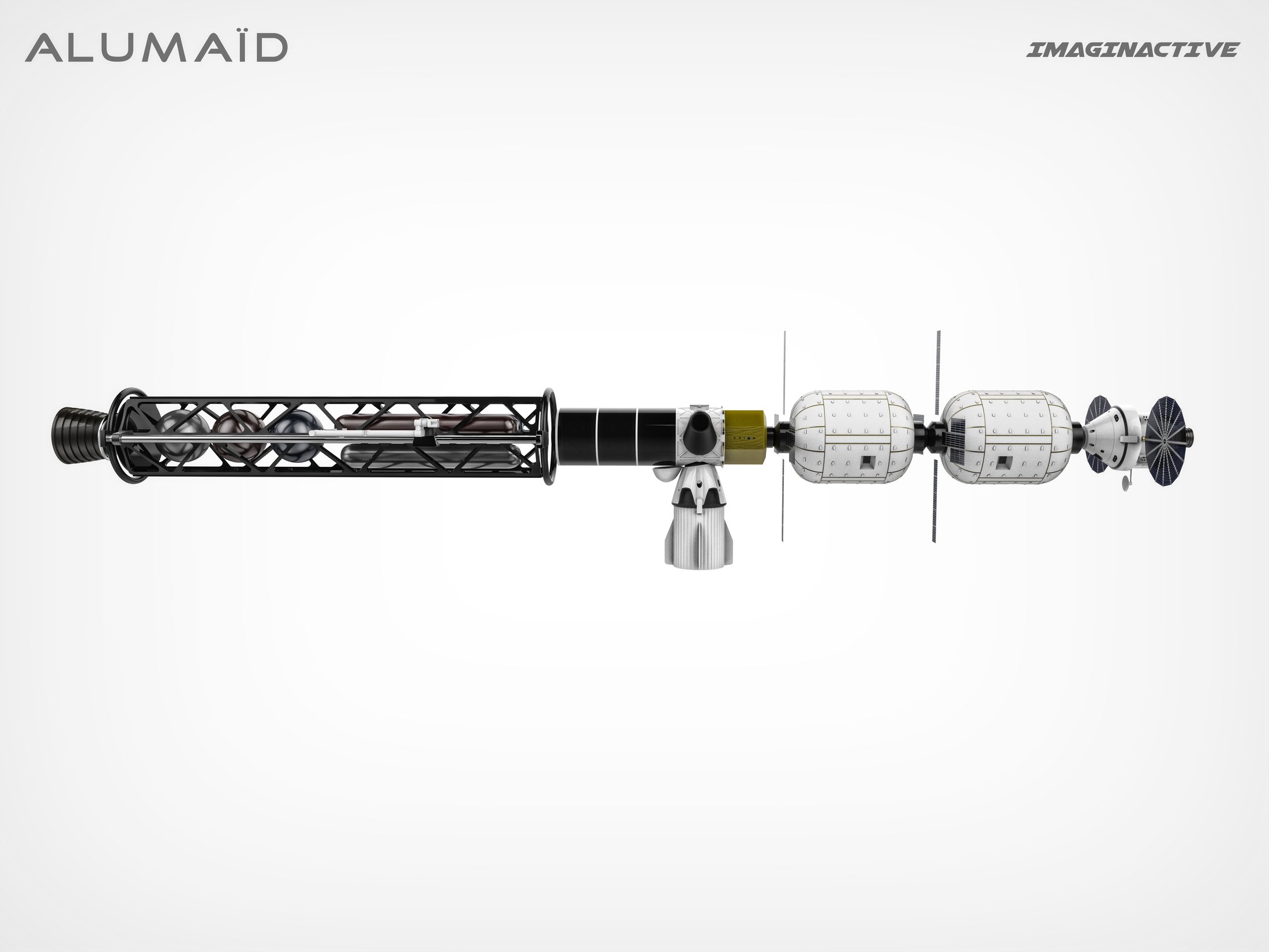 Alumaïd orbital vehicle side view showing truss and tanks