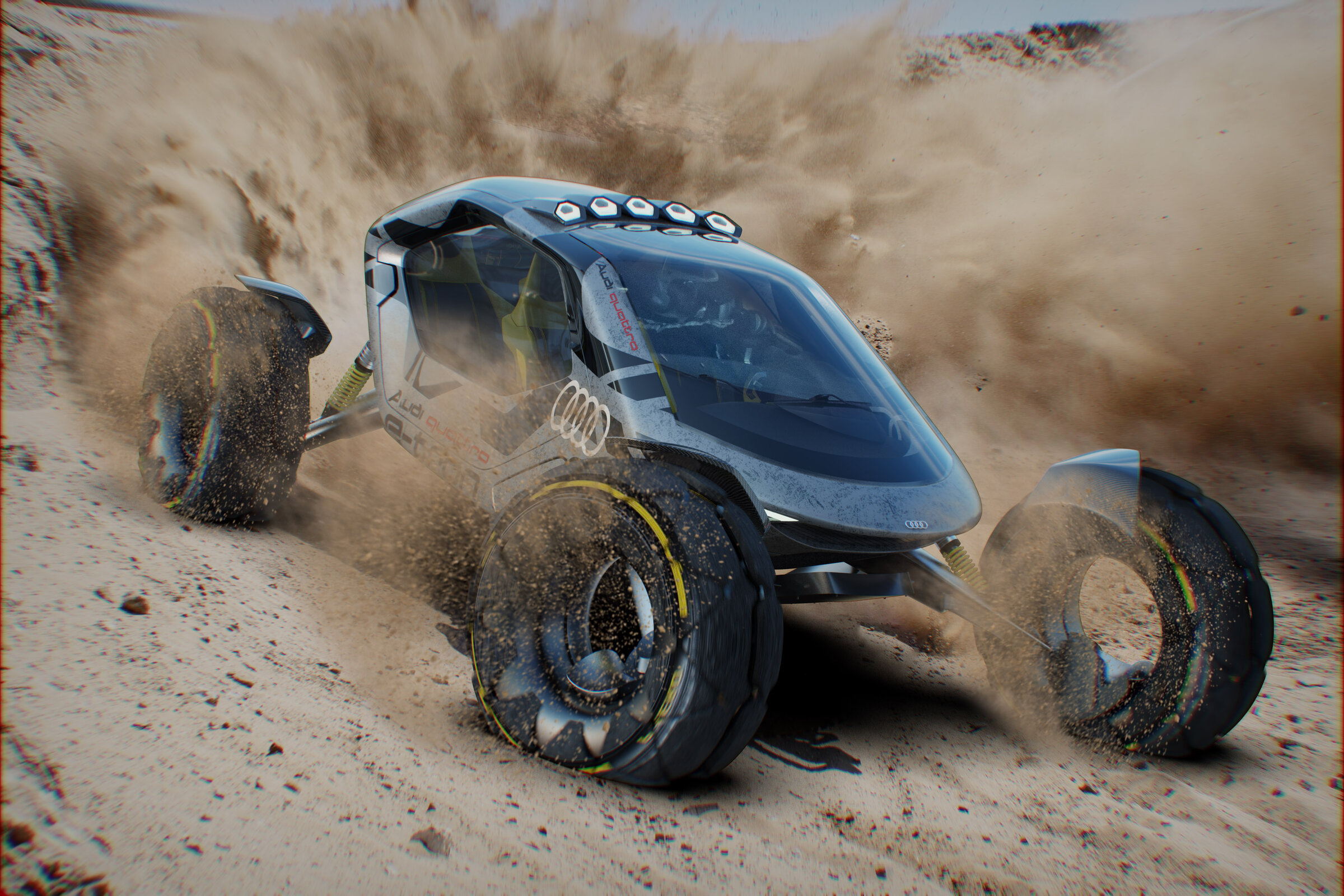 Audi Geo with quattro branding drifting through desert sand