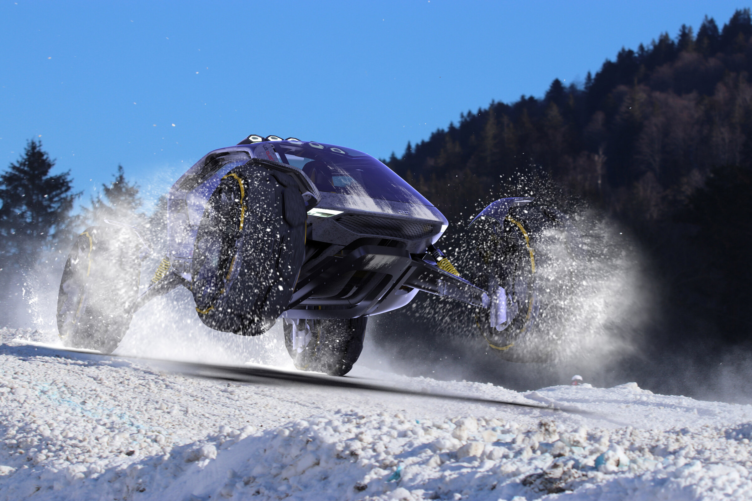 Audi Geo jumping across snow with mountain backdrop