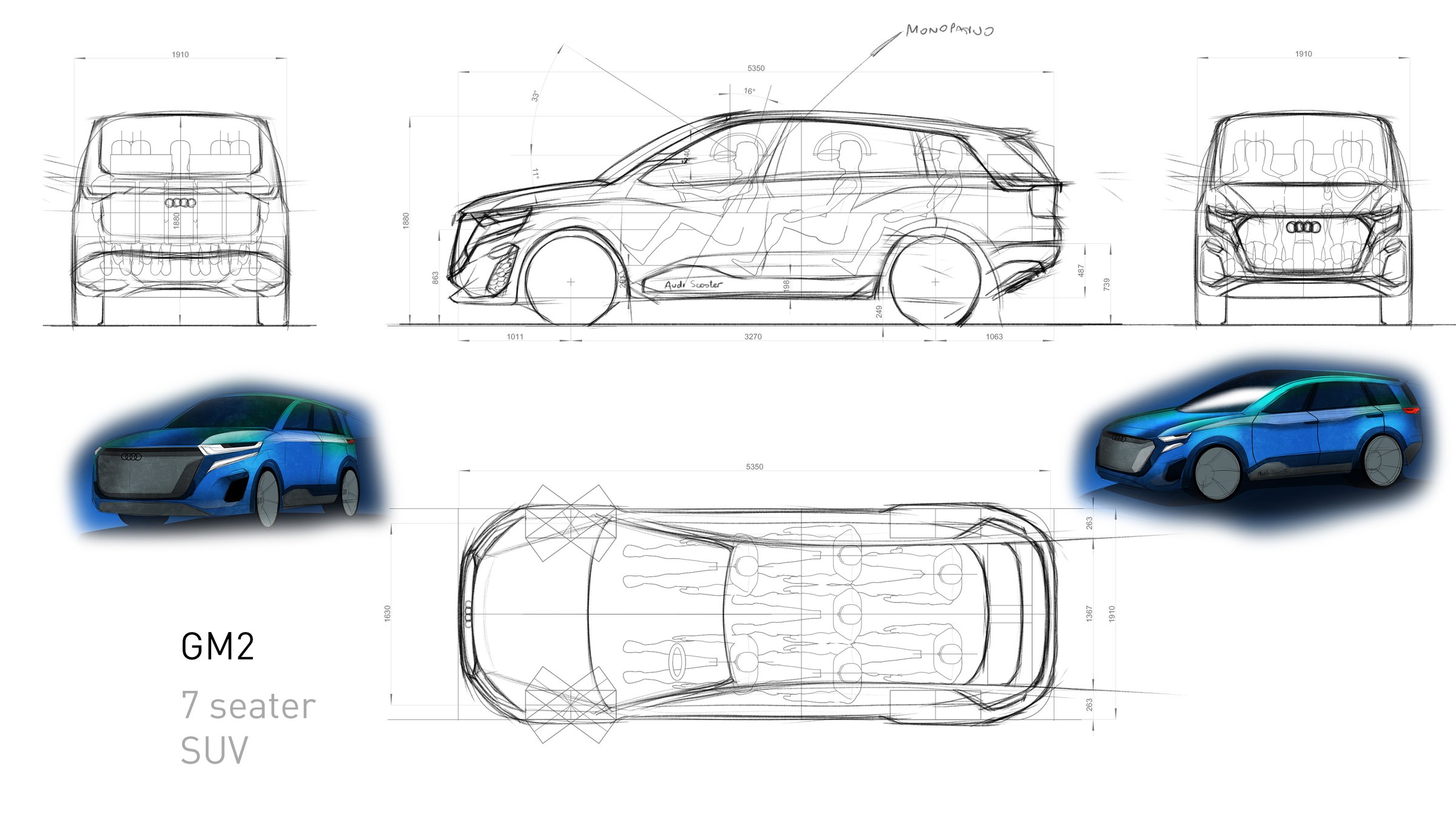 GM2 7-seater orthographic package drawing