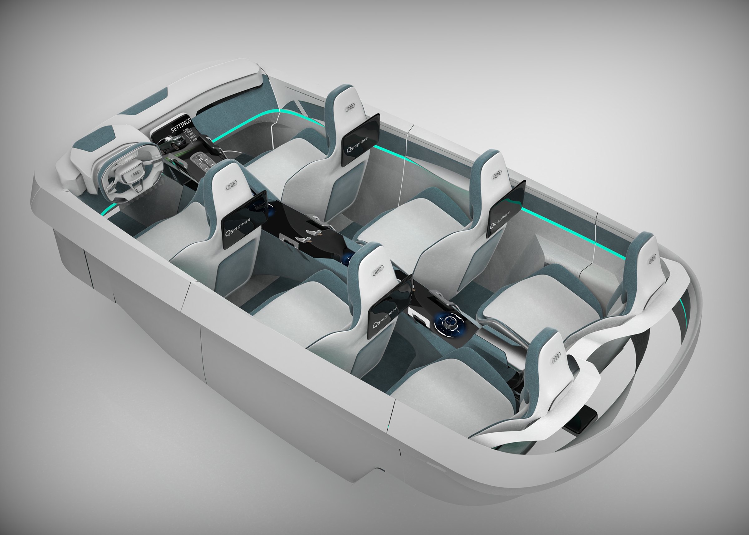QS-Sphere interior CMF, sage-grey trim