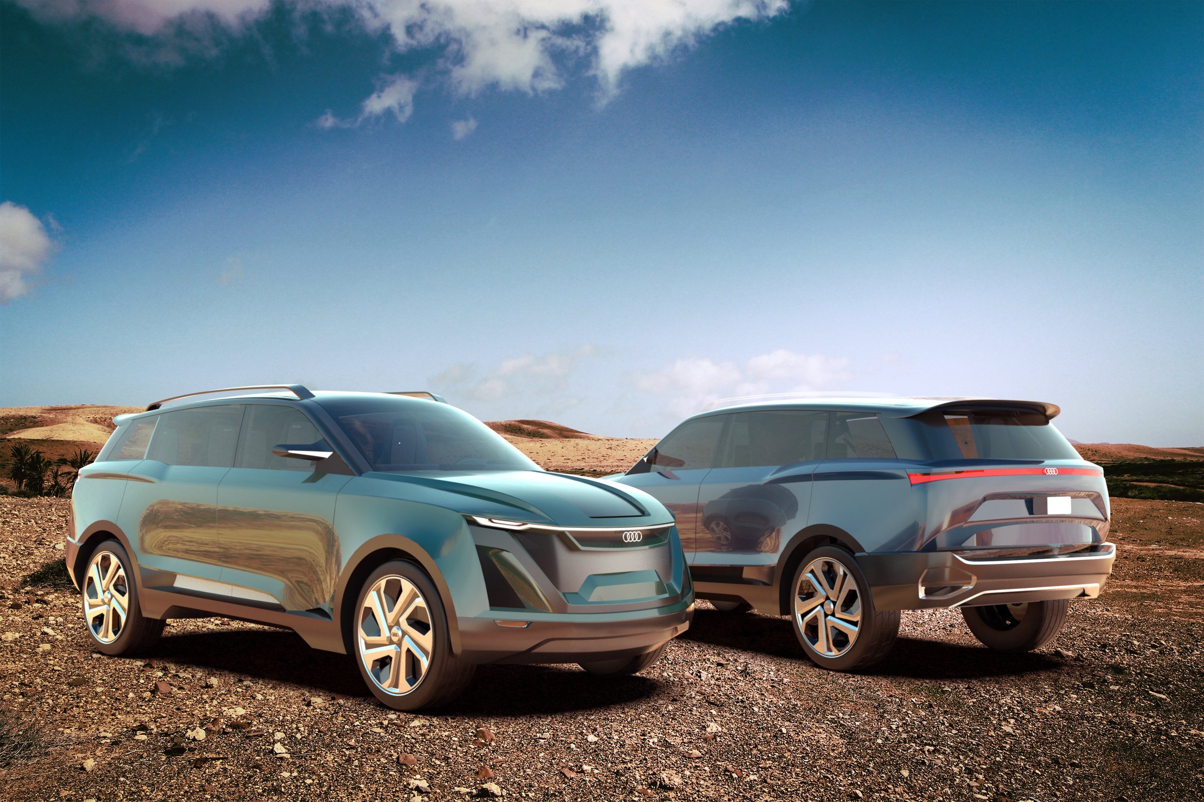 Two QS-Sphere SUVs front and rear in a desert