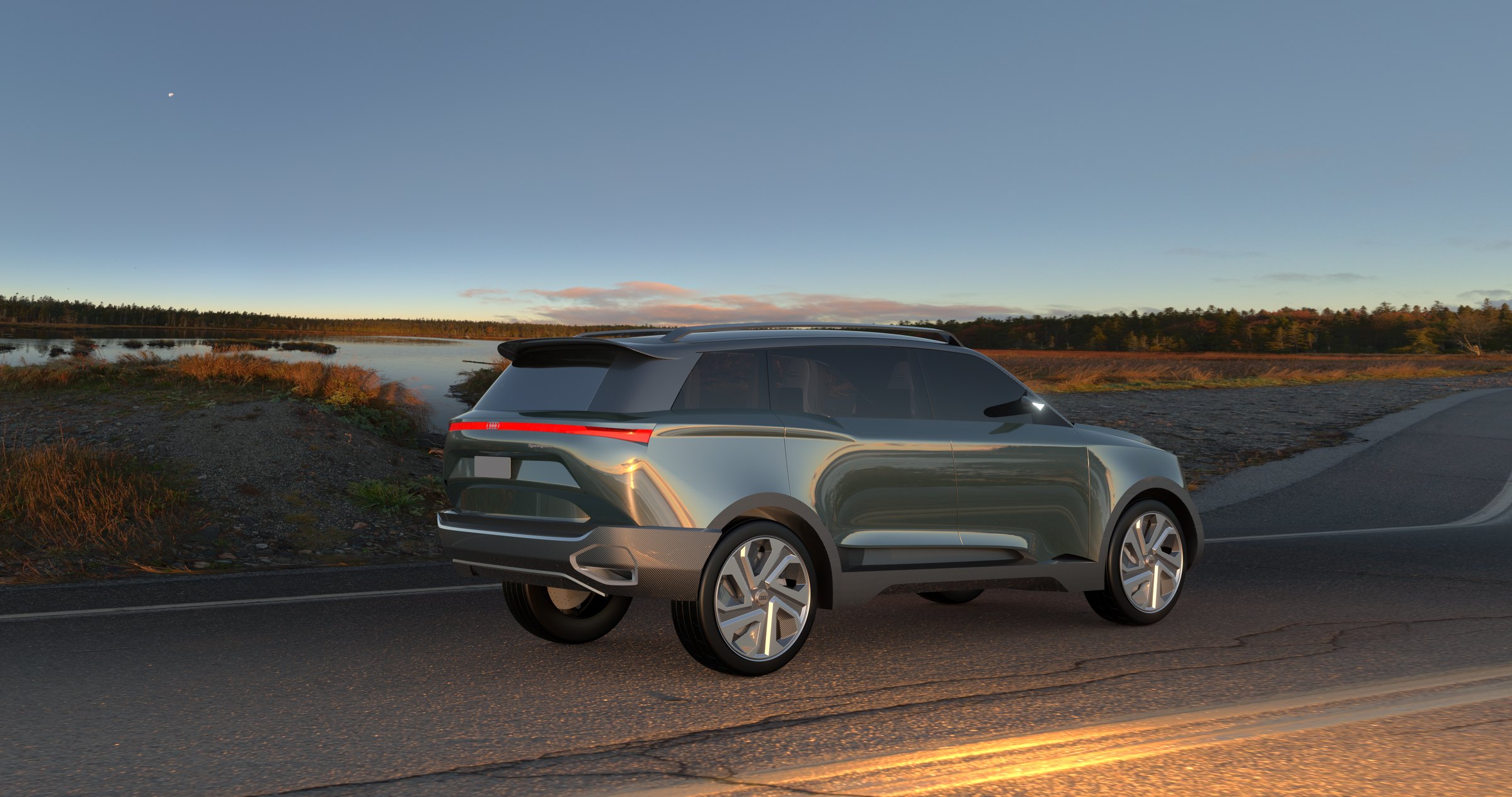 QS-Sphere rear three-quarter at dusk by a lake
