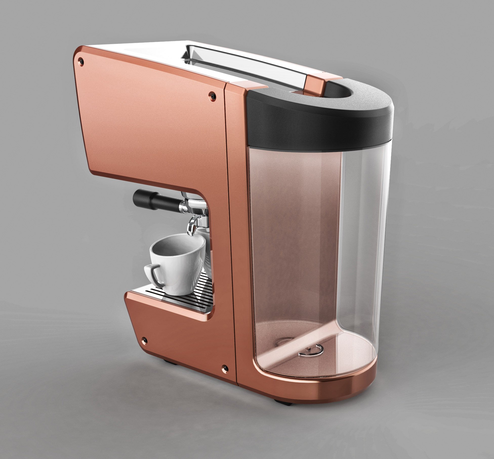 Bialetti espresso machine rear three-quarter showing transparent water tank