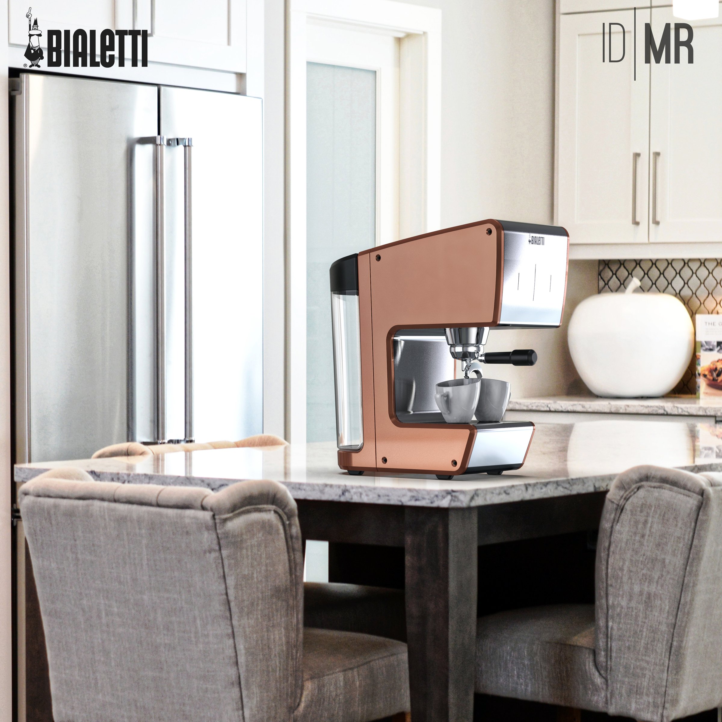 Copper Bialetti machine on a marble kitchen island
