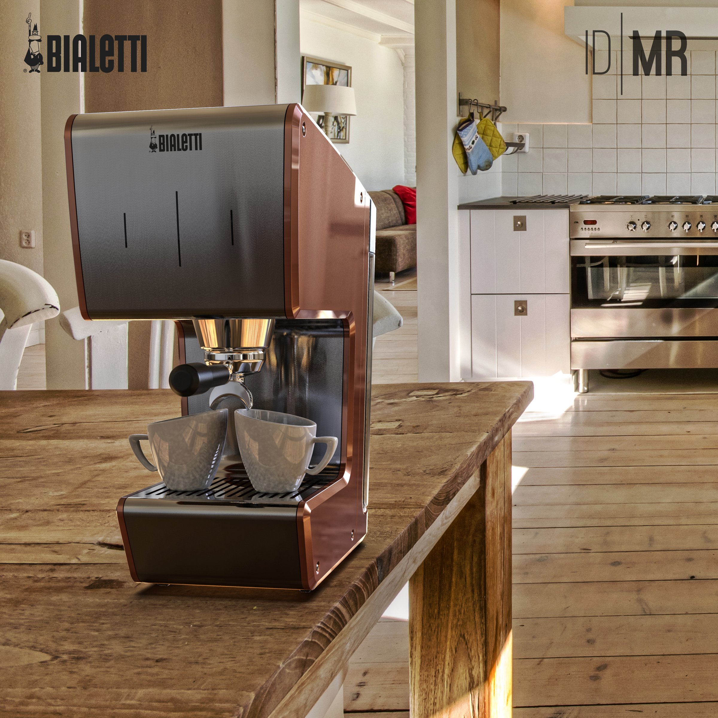 Copper Bialetti machine on a rustic wooden kitchen table