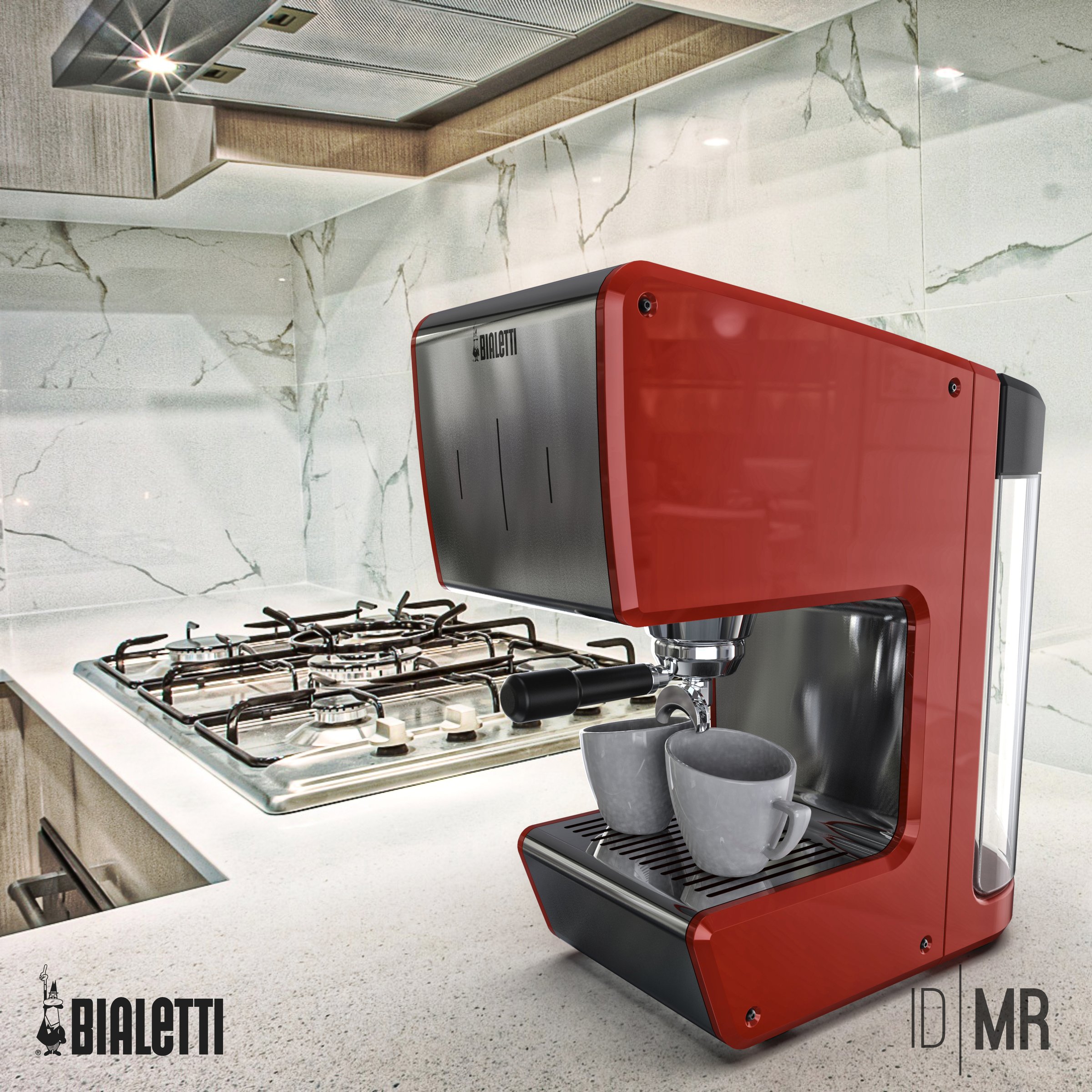Red Bialetti machine beside a gas hob and marble splashback