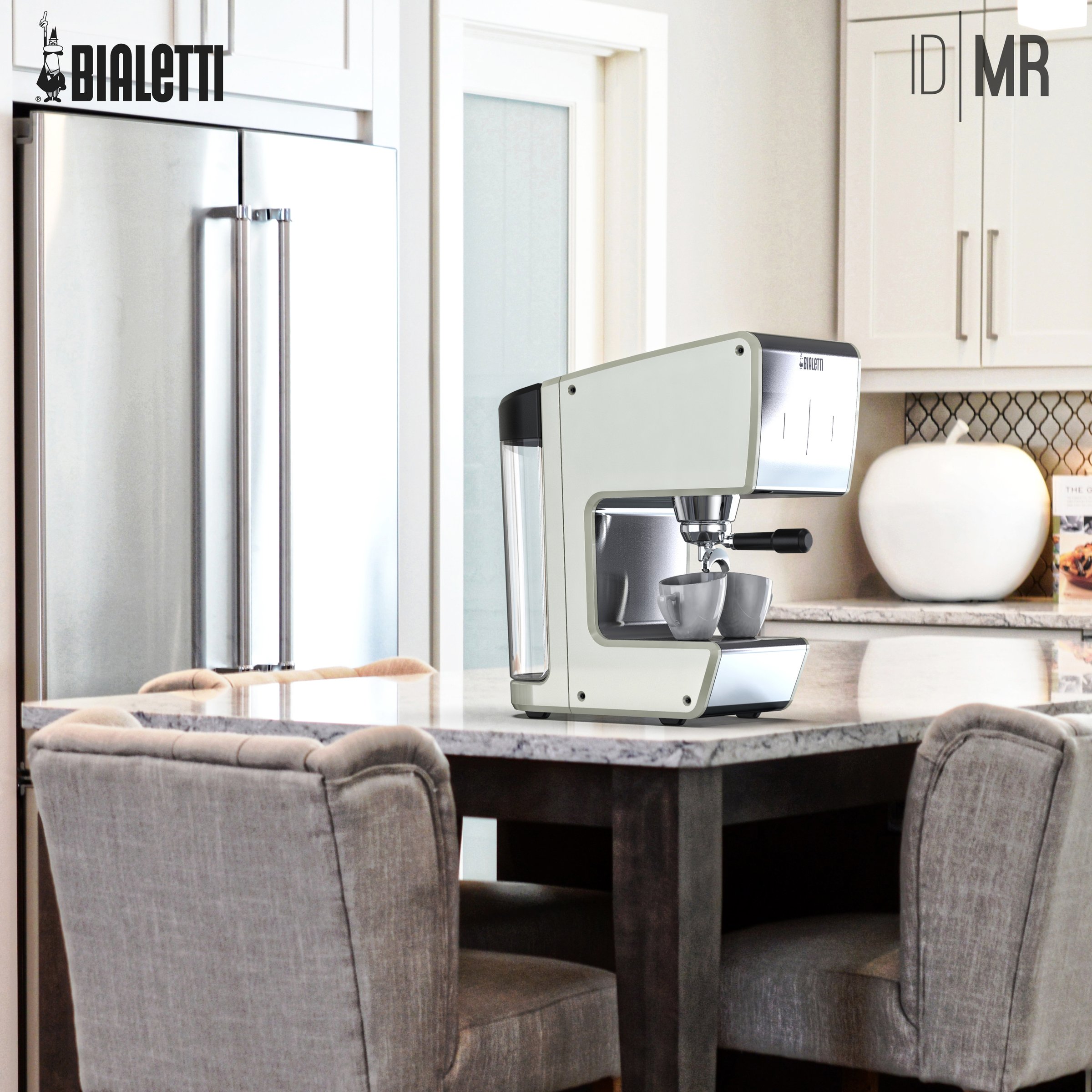 Sage green and white Bialetti machine on a kitchen island