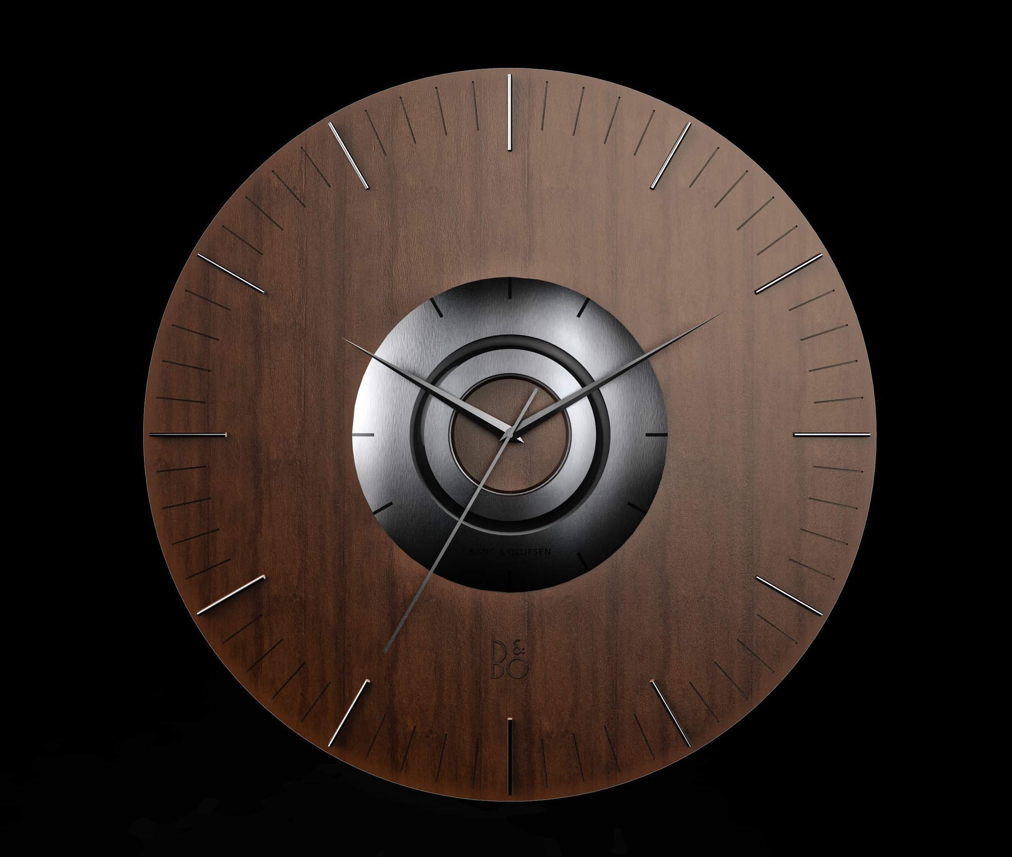 Walnut wall clock with machined aluminium hub, designed in the Bang & Olufsen language