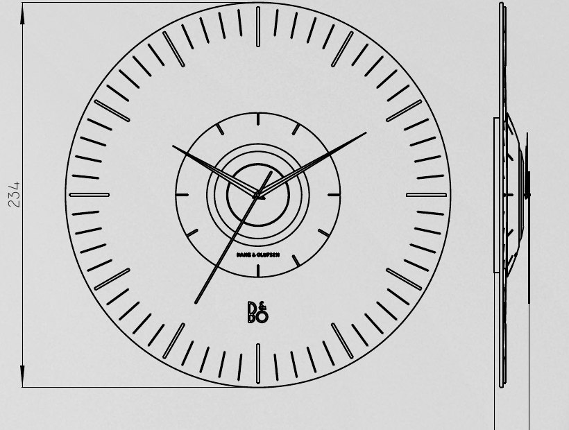 Orthographic plano of the clock — 234 mm front elevation and 25 mm side profile