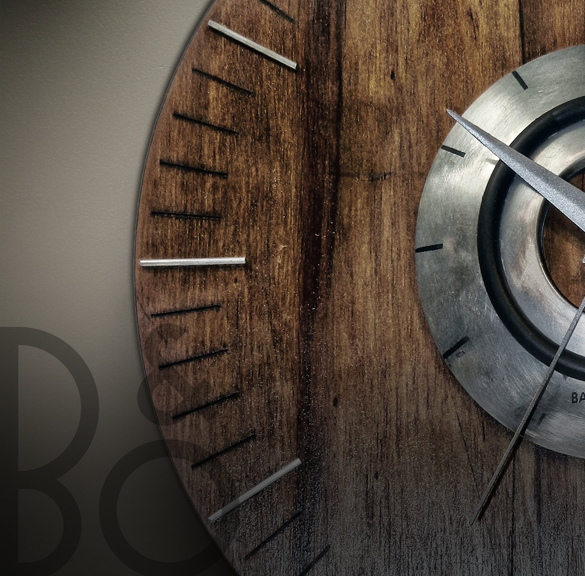 Detail of the machined metal centre and wood grain of the prototype