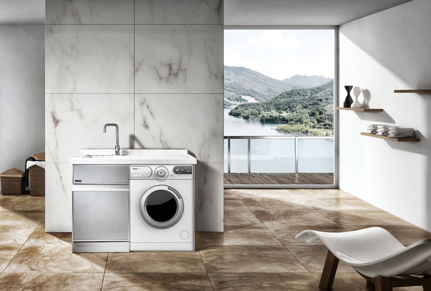 Machine built into a marble laundry counter with a lake view