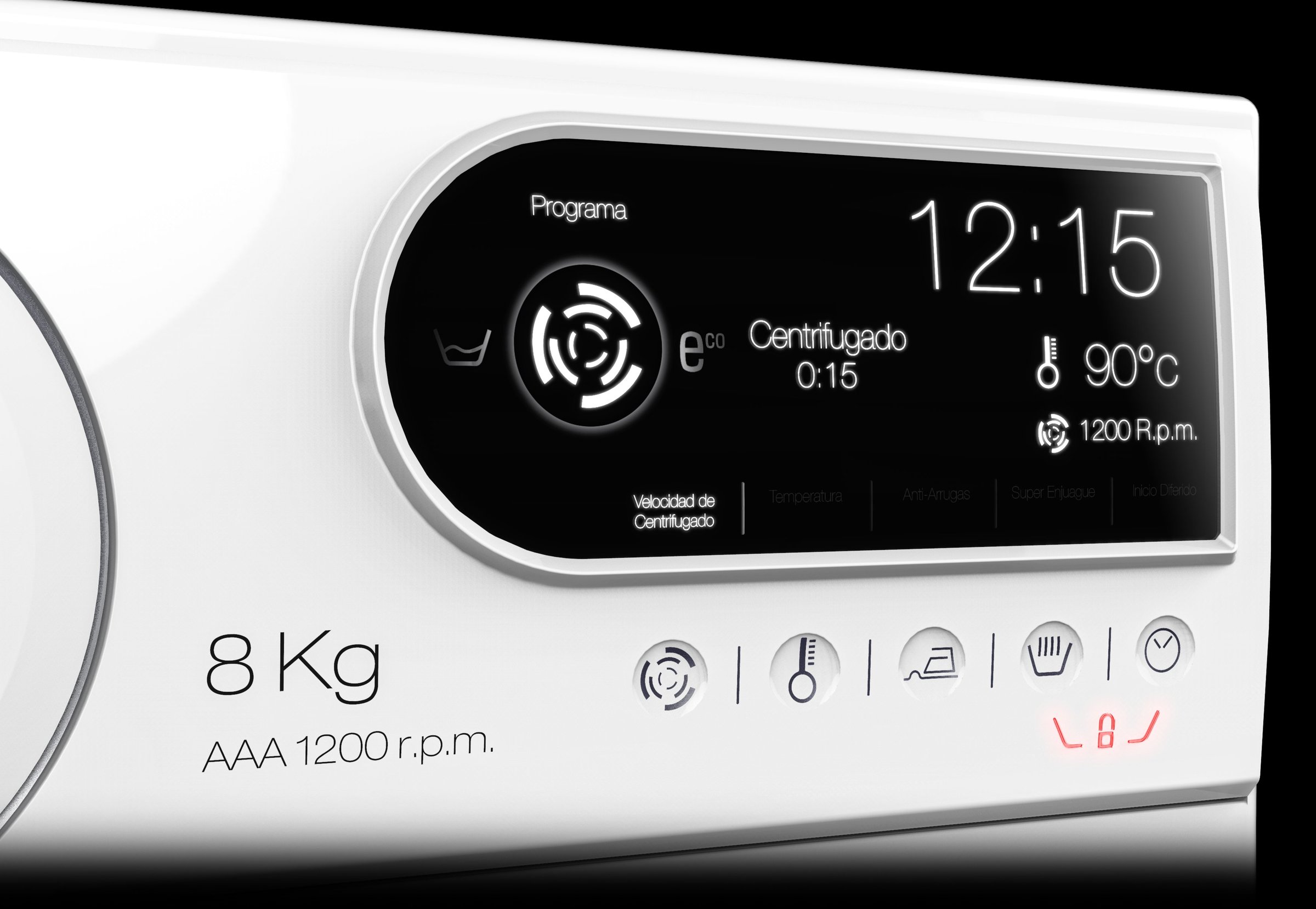 LCD display showing program, time, temperature and spin