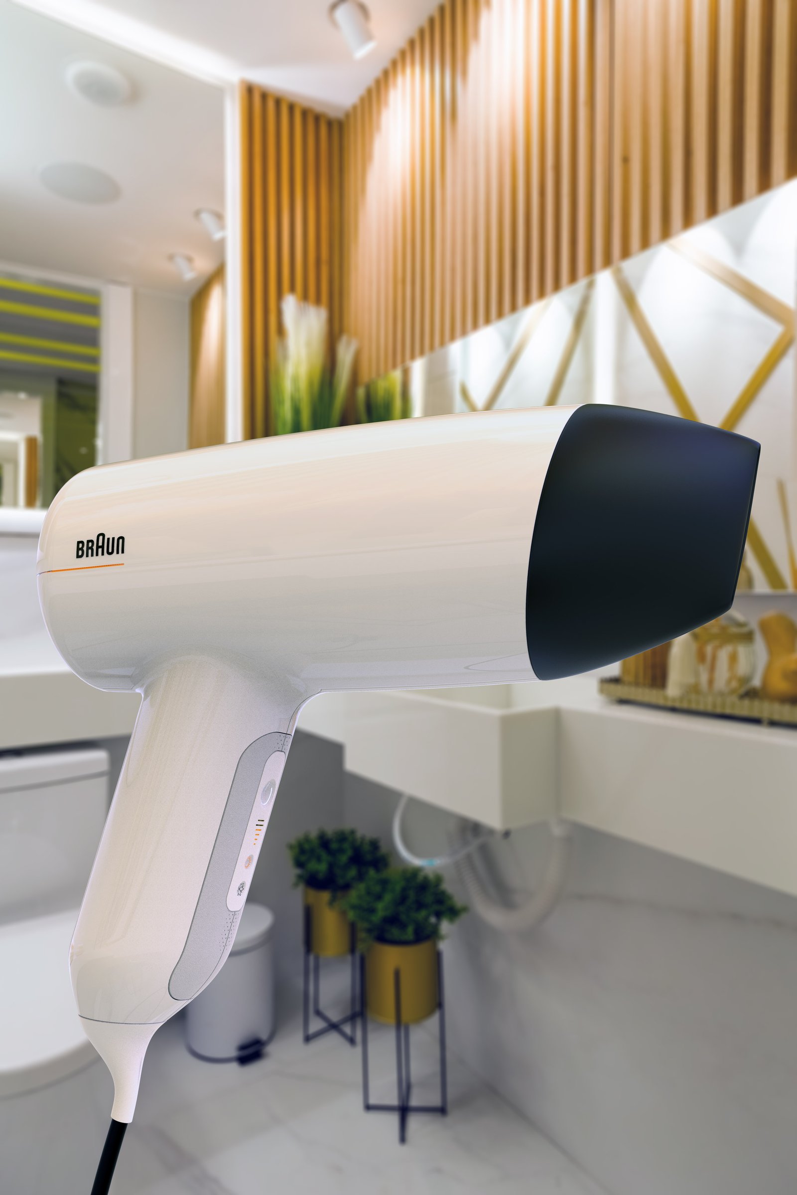 Braun Vortex hair dryer in a styled modern bathroom interior