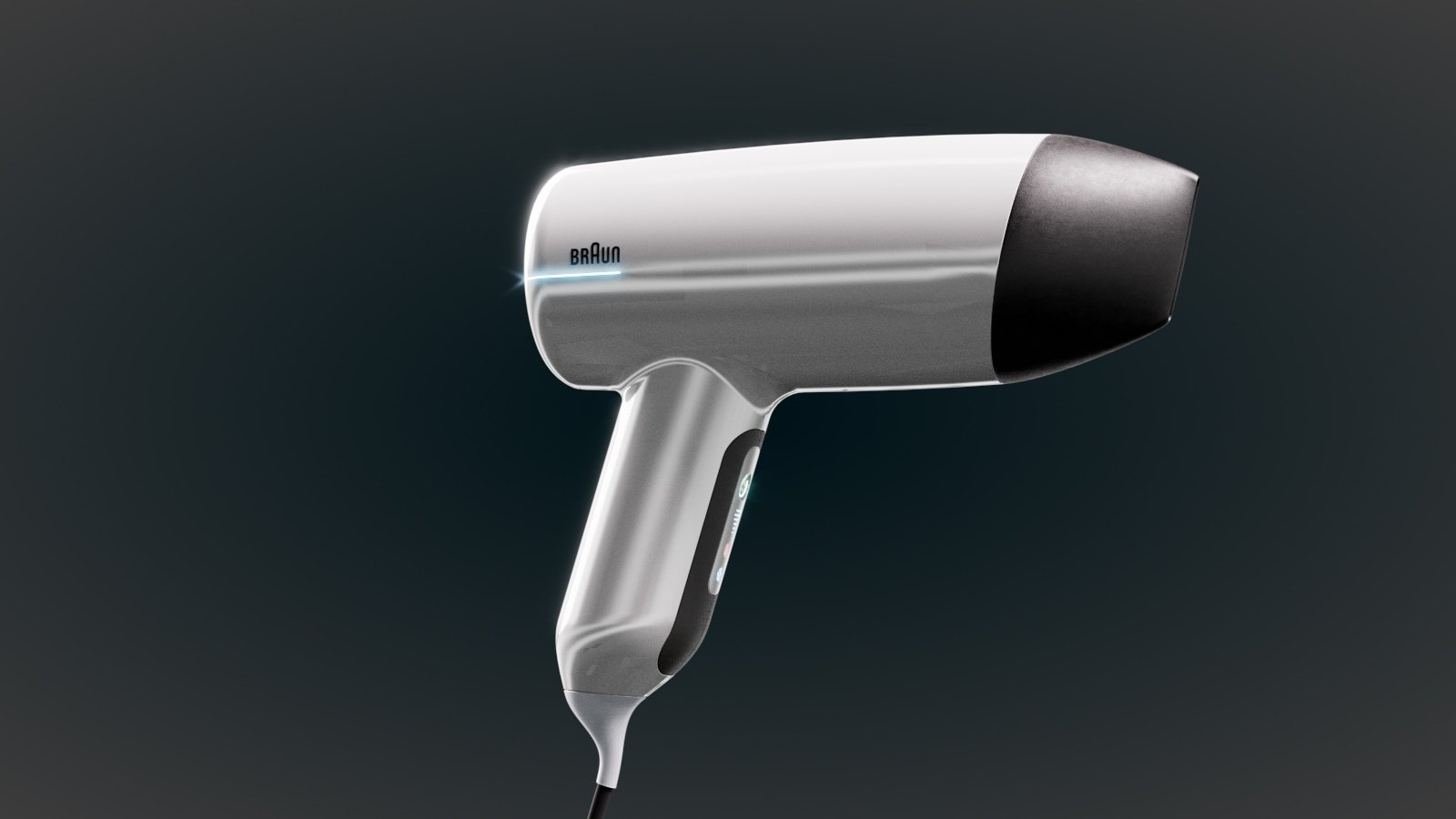Braun Vortex hair dryer, full side profile with black concentrator nozzle