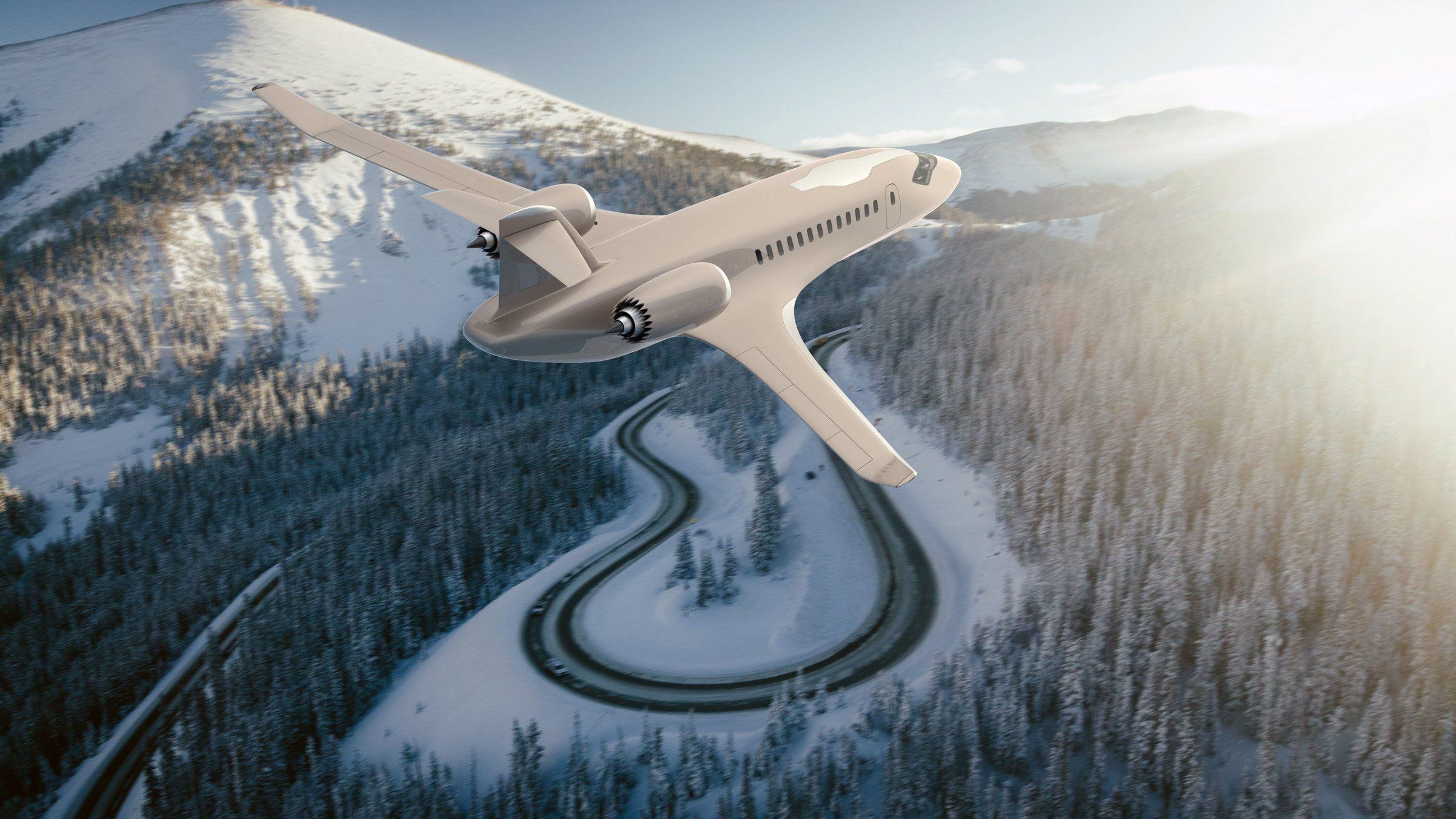 Business jet over mountains