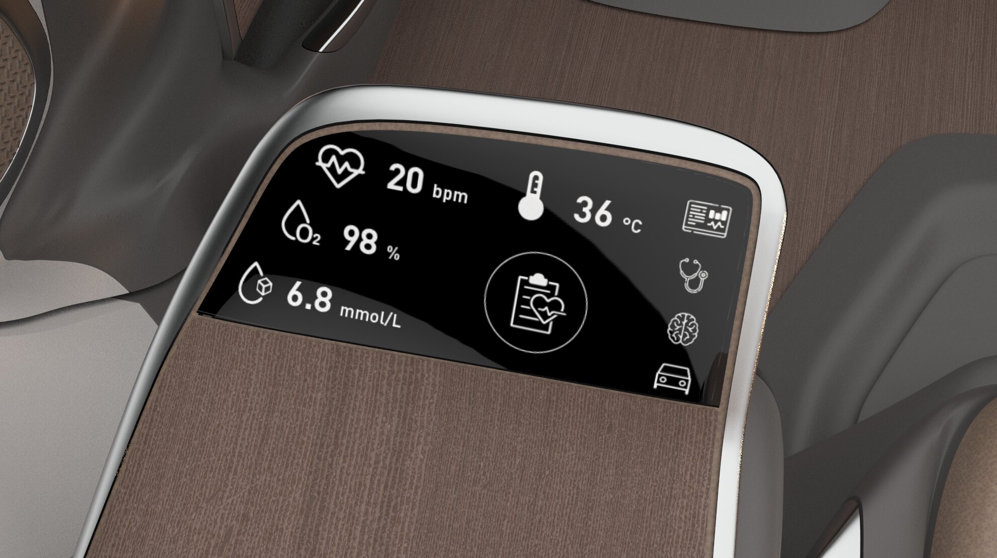 Busy Chill — in-seat wellbeing HUD showing heart-rate, blood-oxygen, temperature and glucose