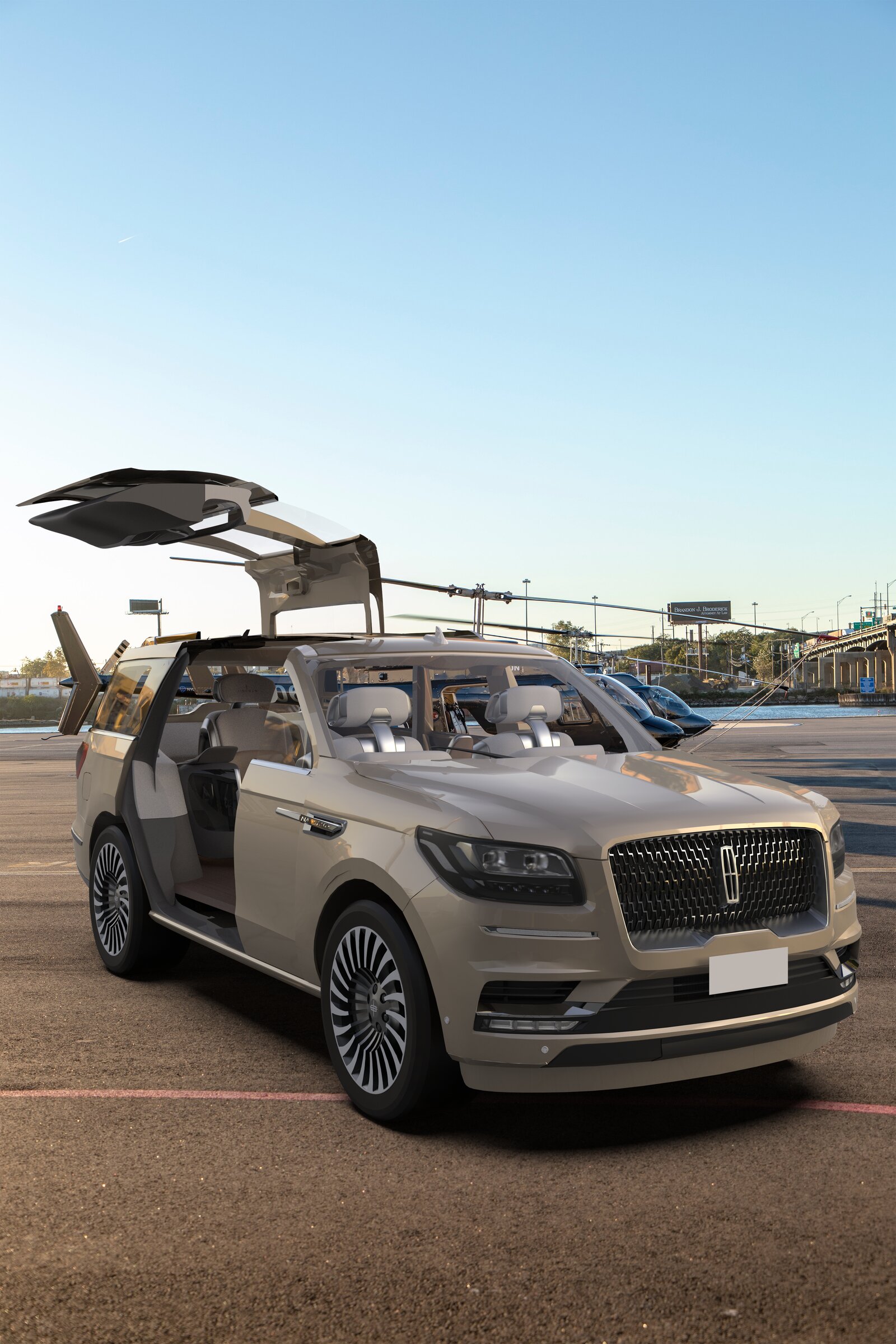 Busy Chill — autonomous Lincoln Navigator, gullwing doors open at a heliport