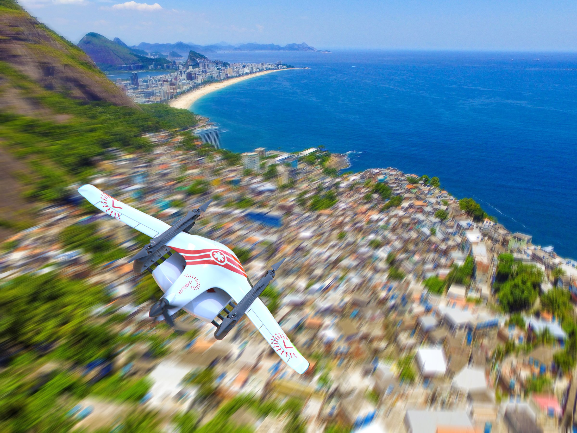 Condor delivery drone in AMBULAR medical livery over Rio de Janeiro coastline