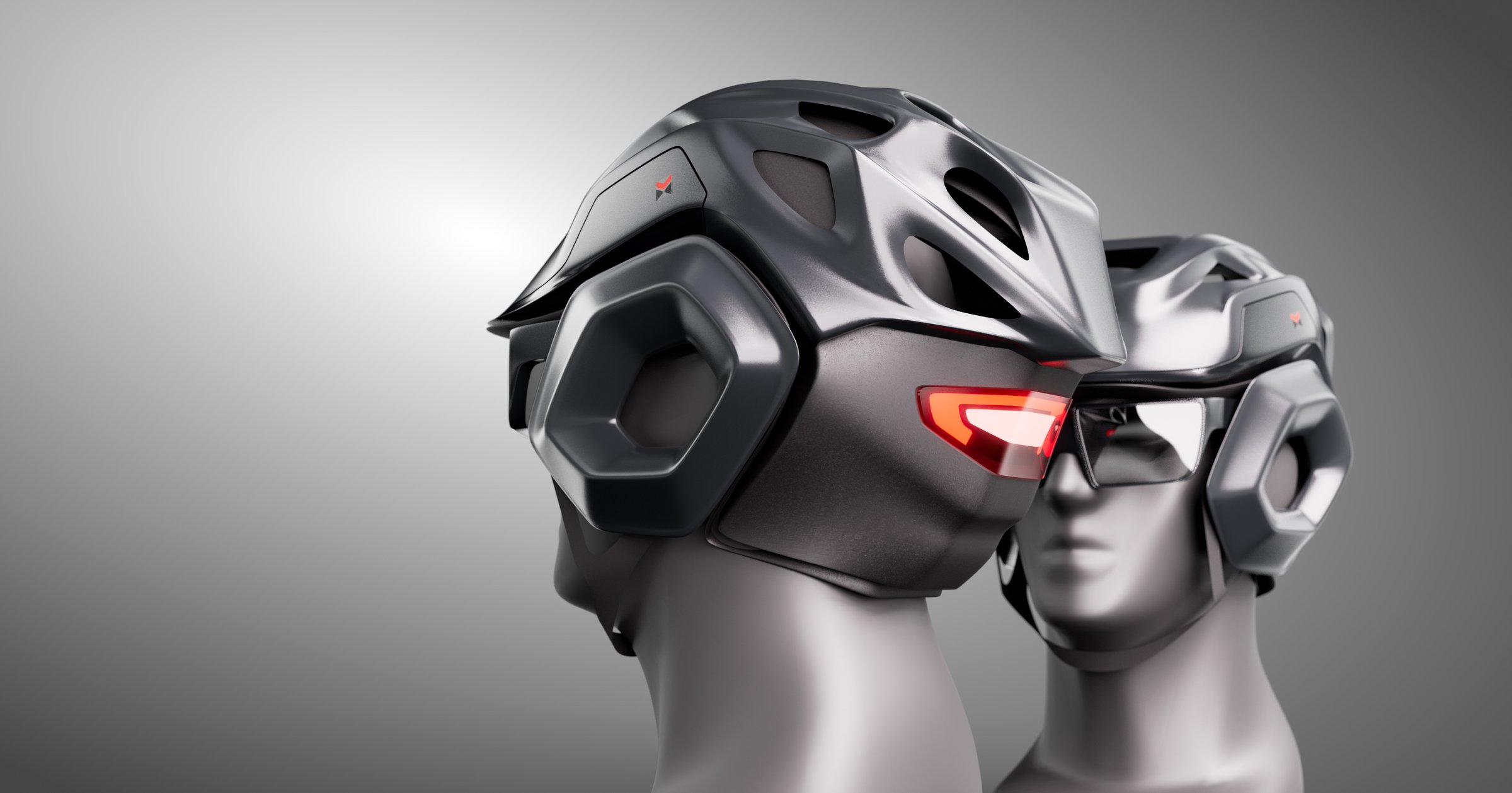 Coraza helmet rear three-quarter close-up showing hexagonal ear pod and tail light