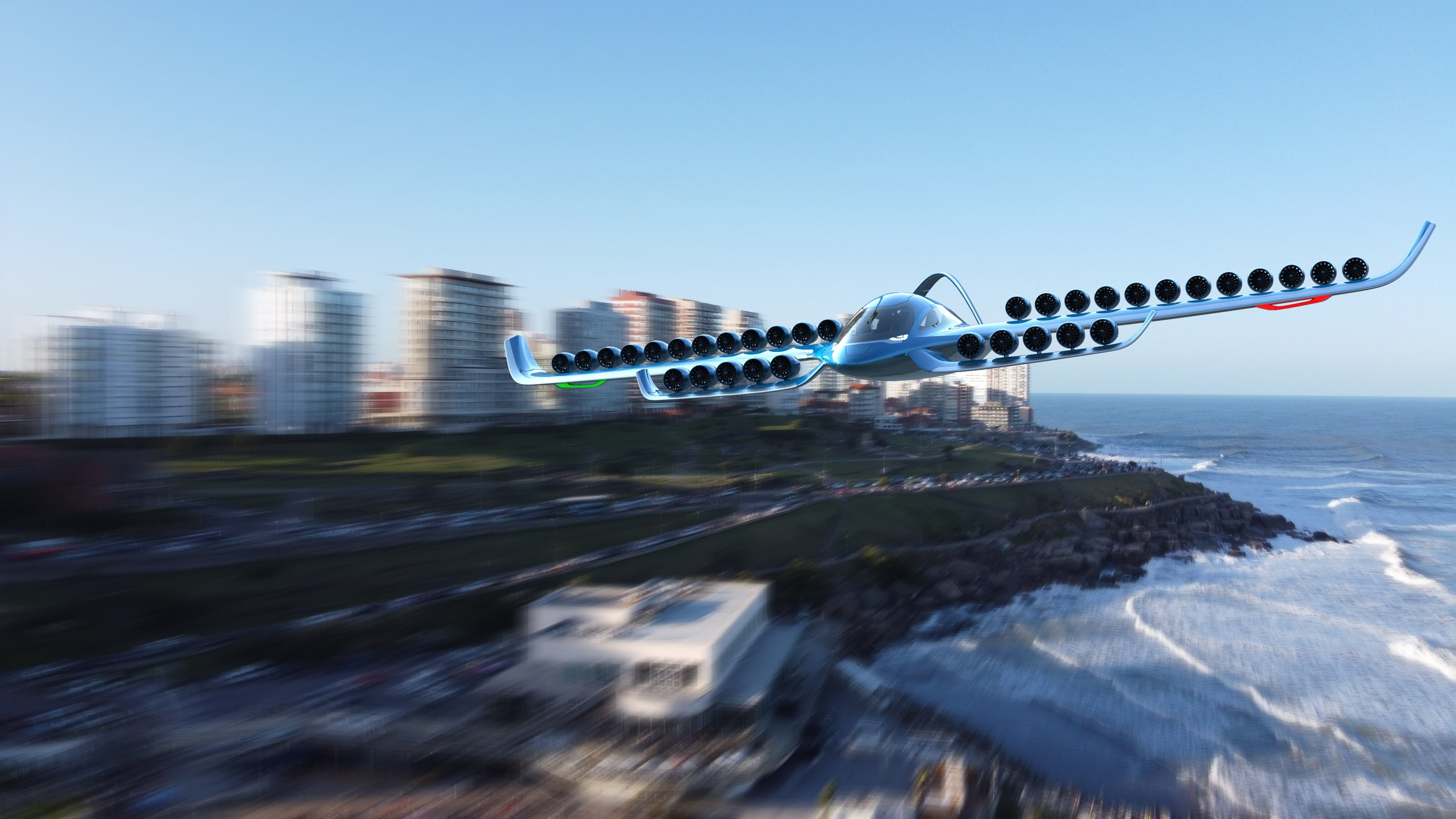 Eagle EVTOL banking above coastal cliffs