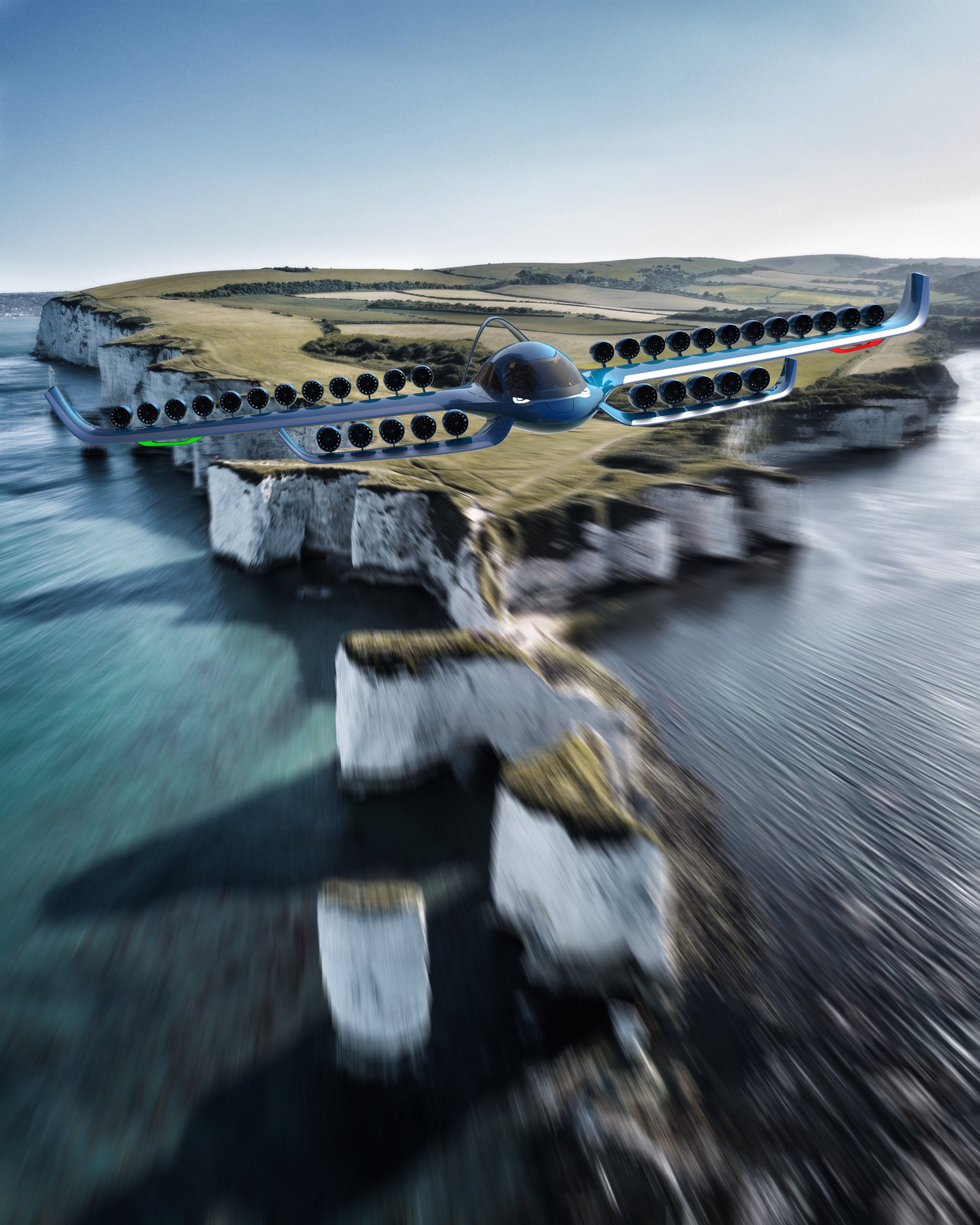 Eagle EVTOL in horizontal cruise mode over urban coastline