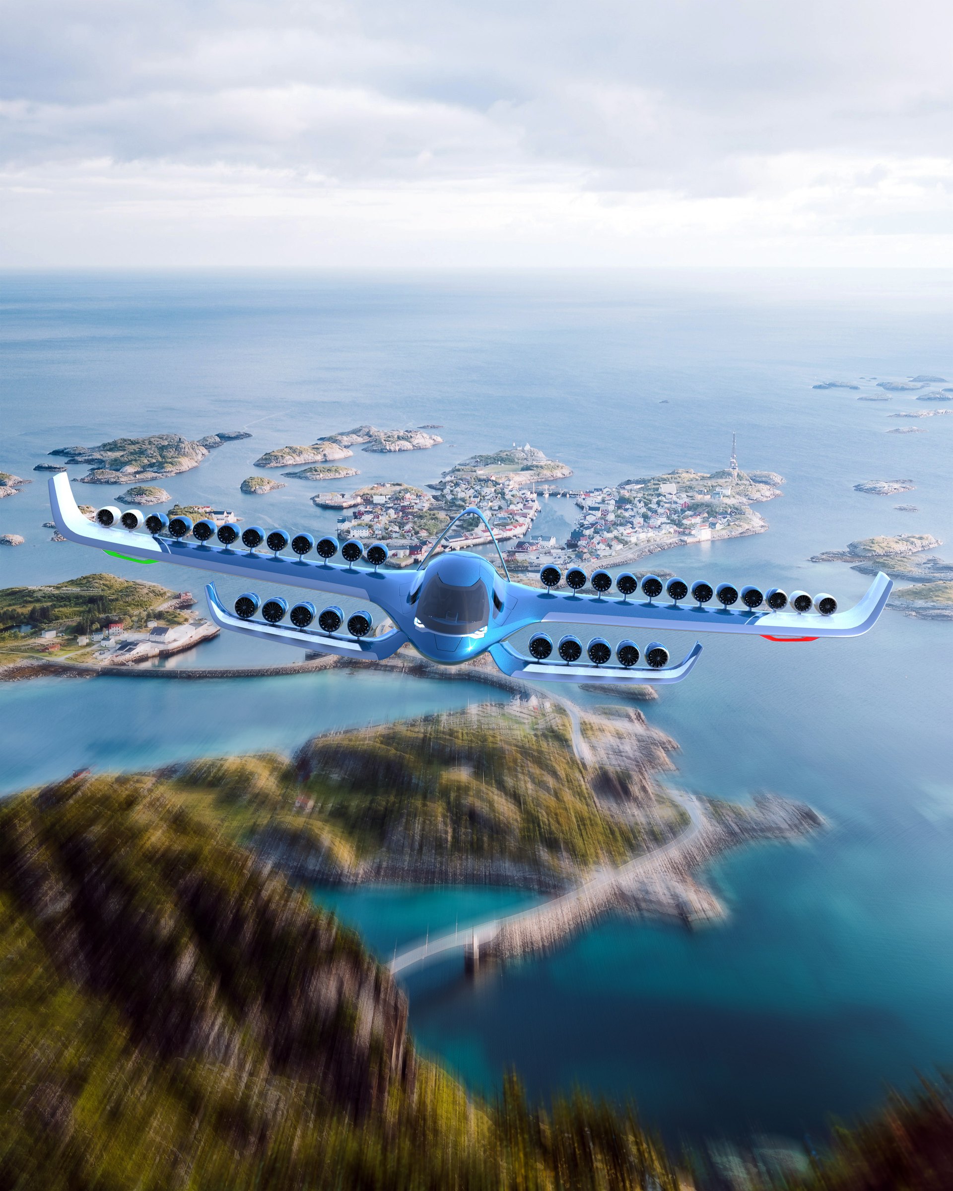 Eagle EVTOL over remote mountain valley with meandering river