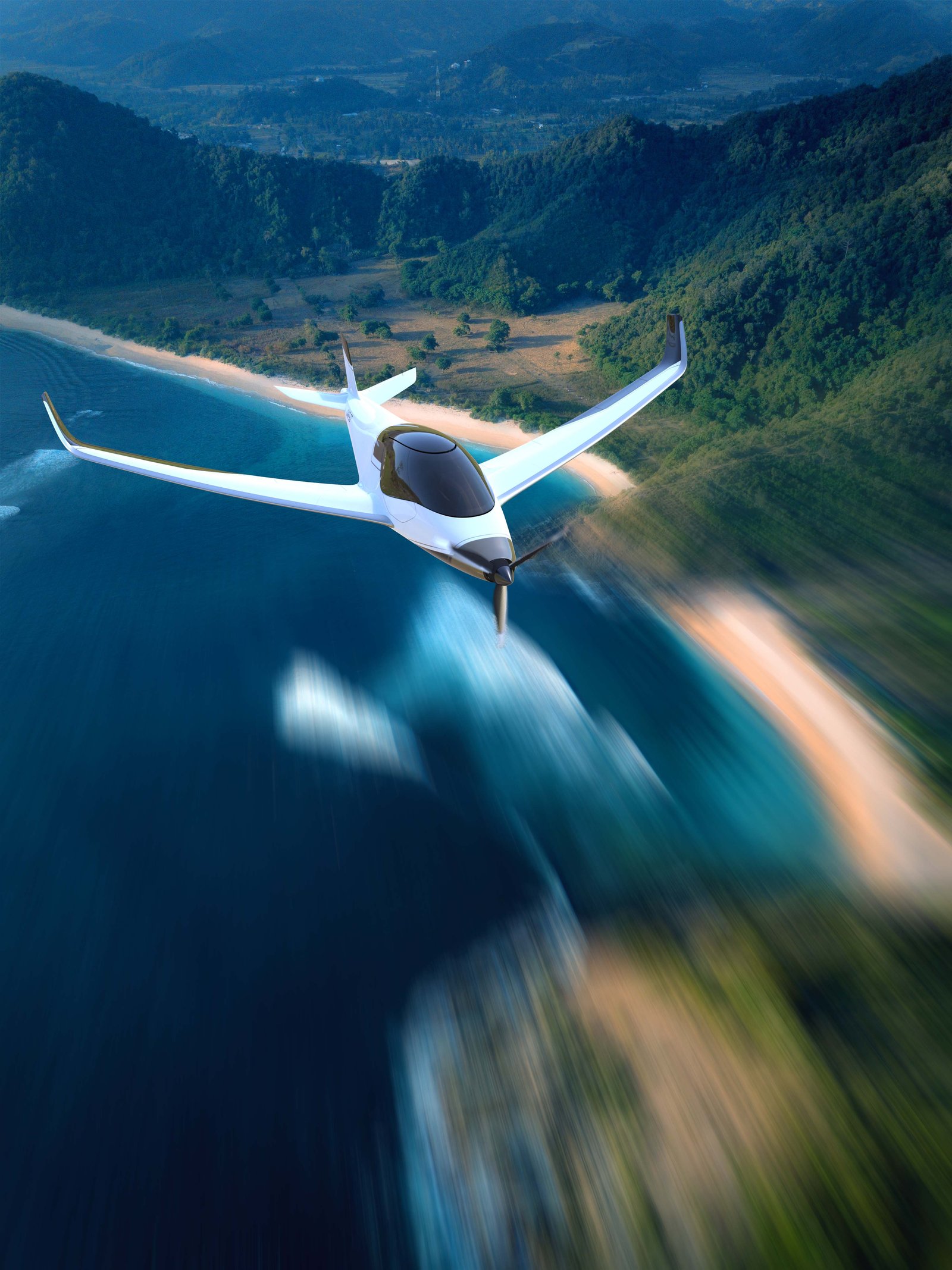 eAir electric light aircraft over a tropical coastline