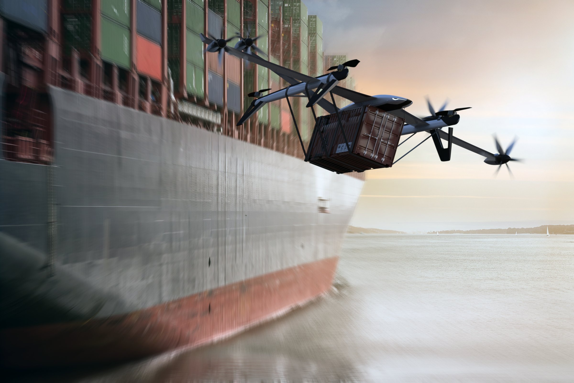 Several eCargo aircraft flying over a container port