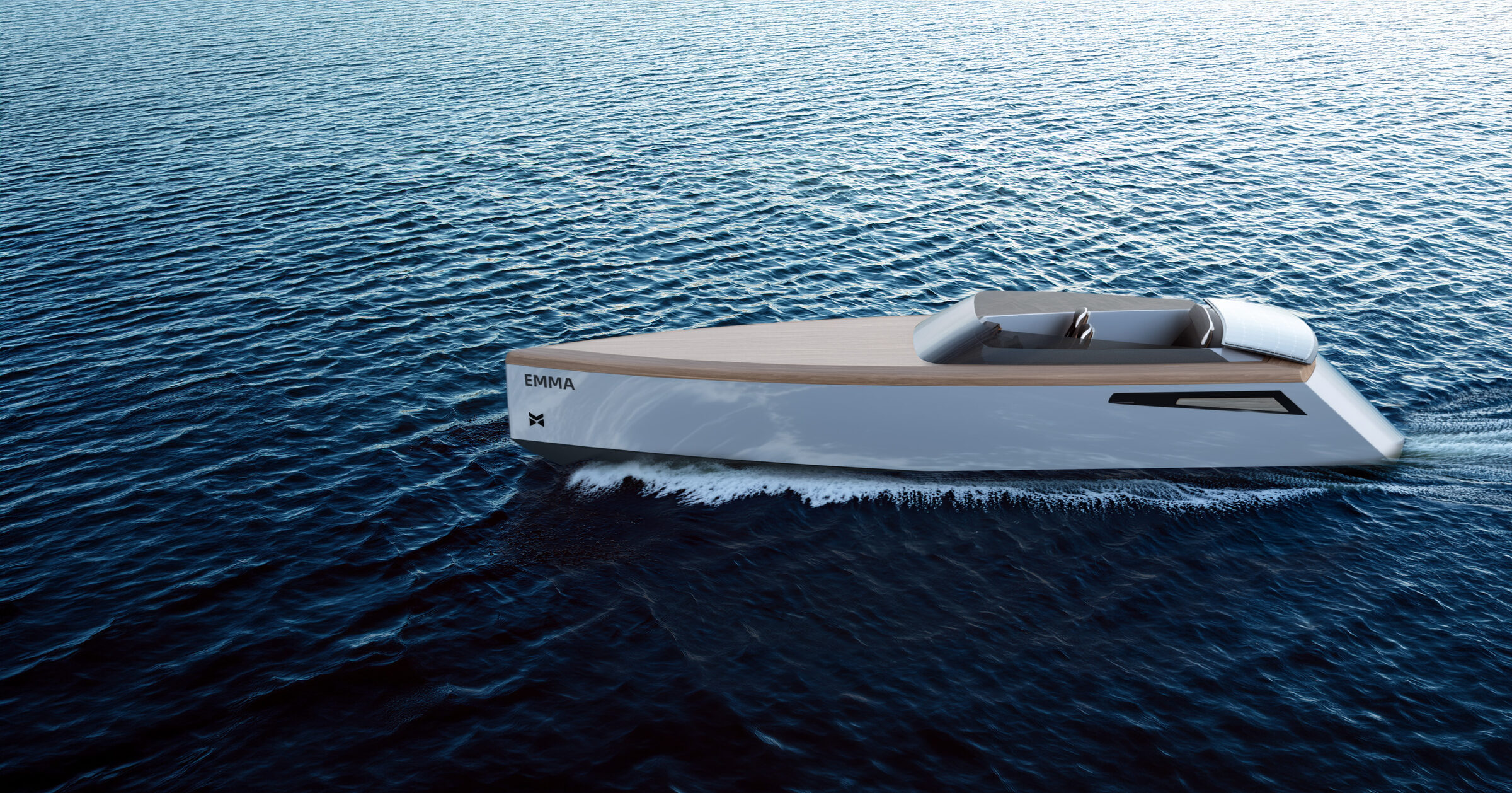 Emma electric dayboat planing across open water, side profile from above