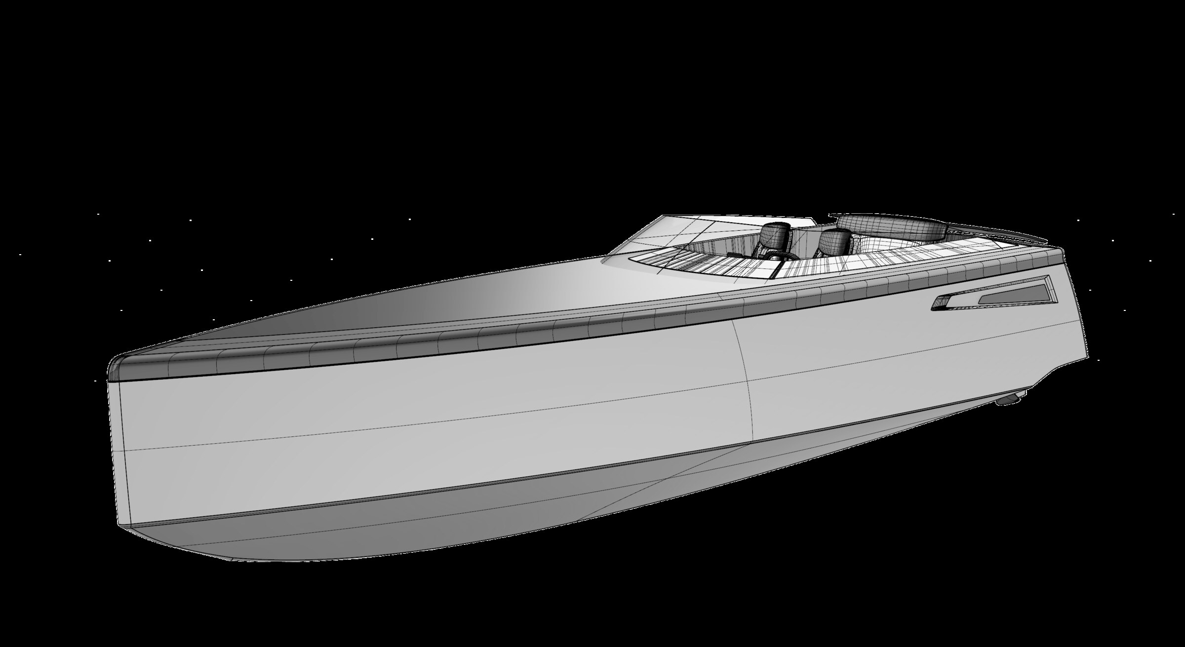 Emma yacht surface model in Rhinoceros 8 — shaded with wireframe overlay