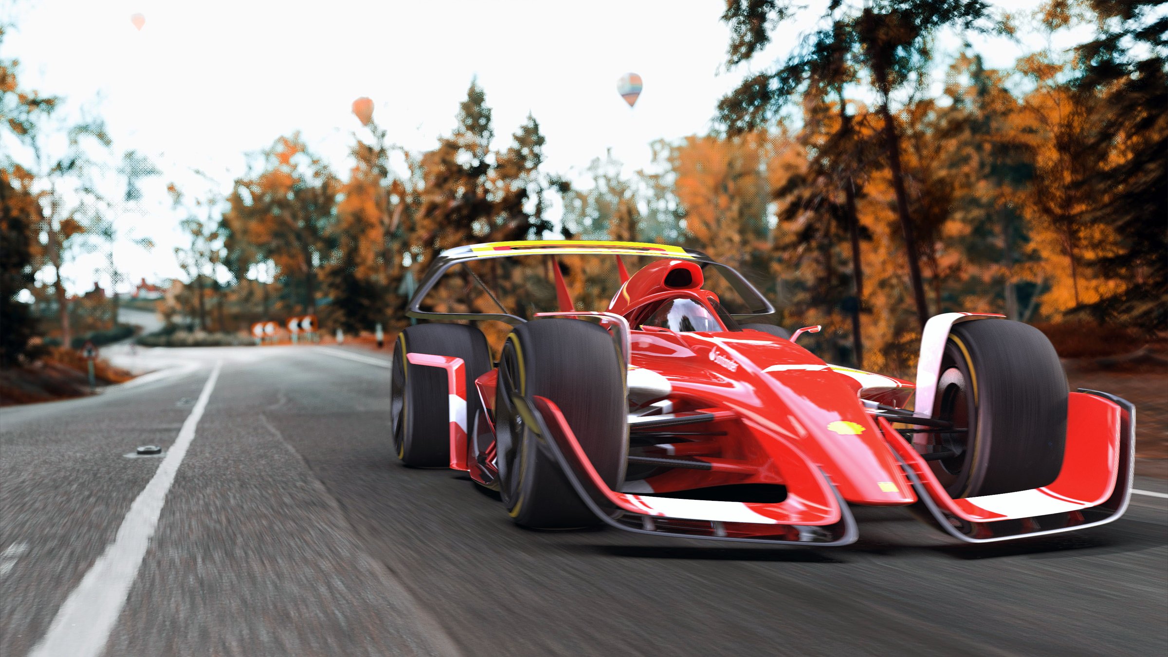 F1 concept on an autumn road with hot air balloons