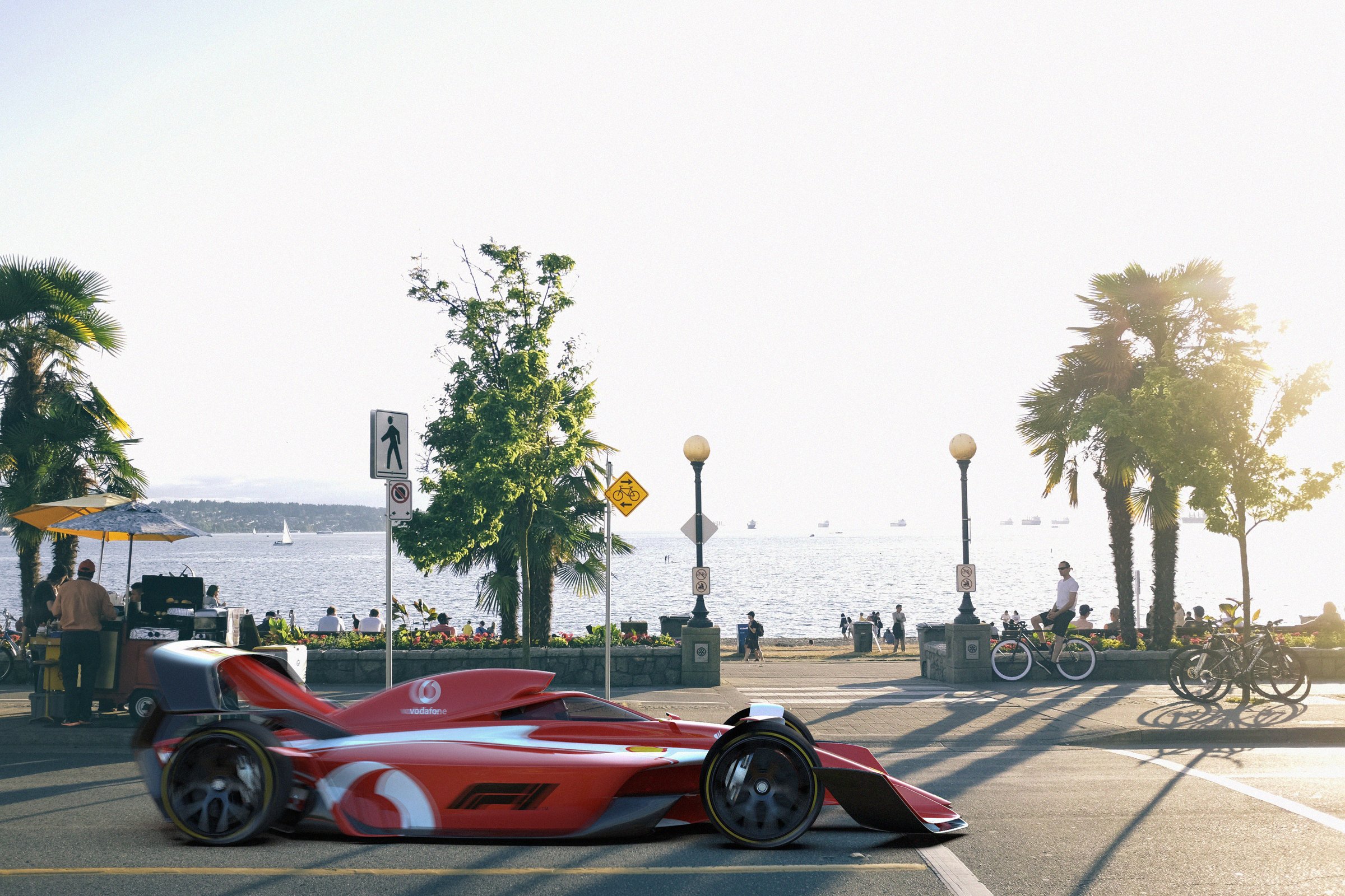 F1 concept on a seaside boulevard