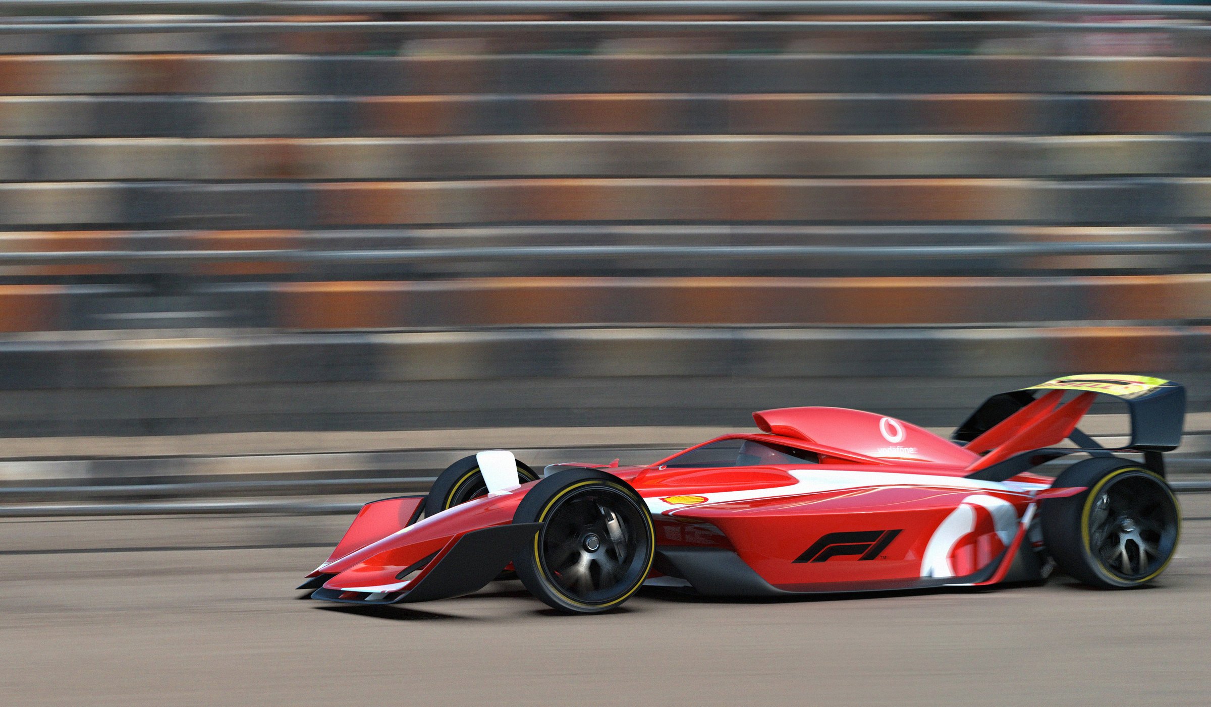 F1 concept panning shot past grandstands
