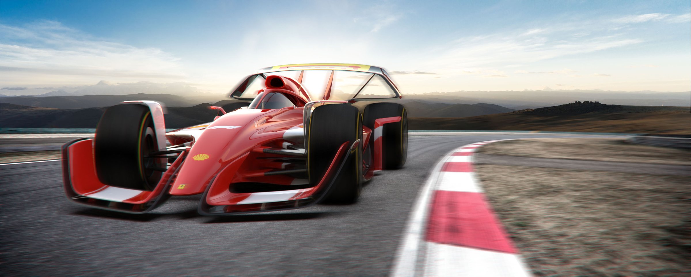 F1 concept head-on at sunrise on a mountain track