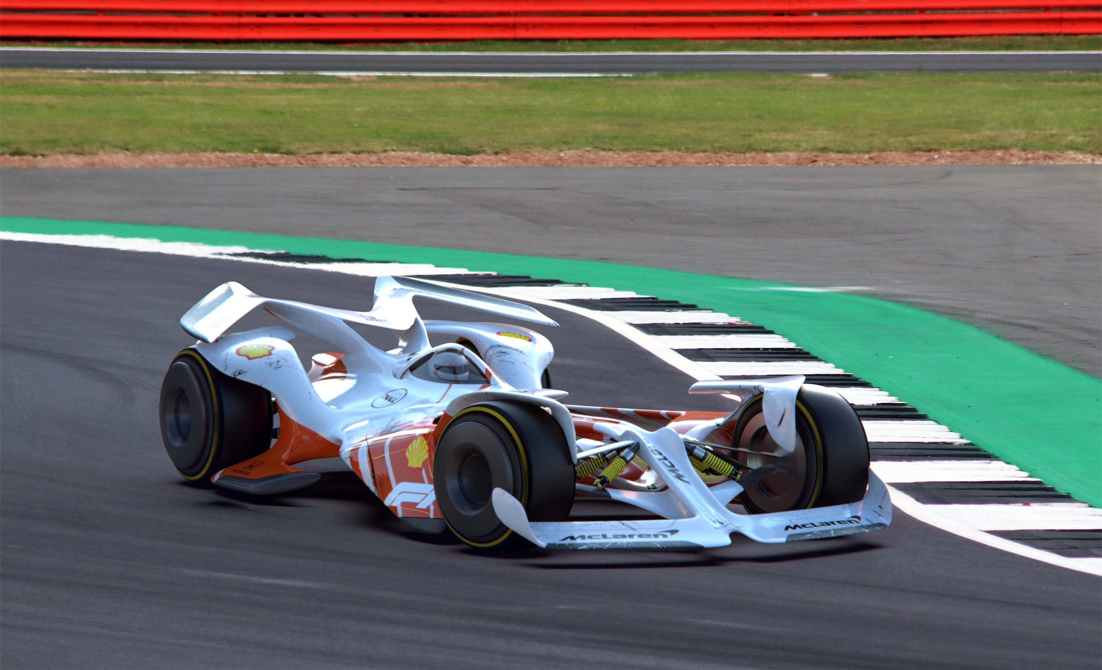 F1 McLaren concept turning in at a corner apex
