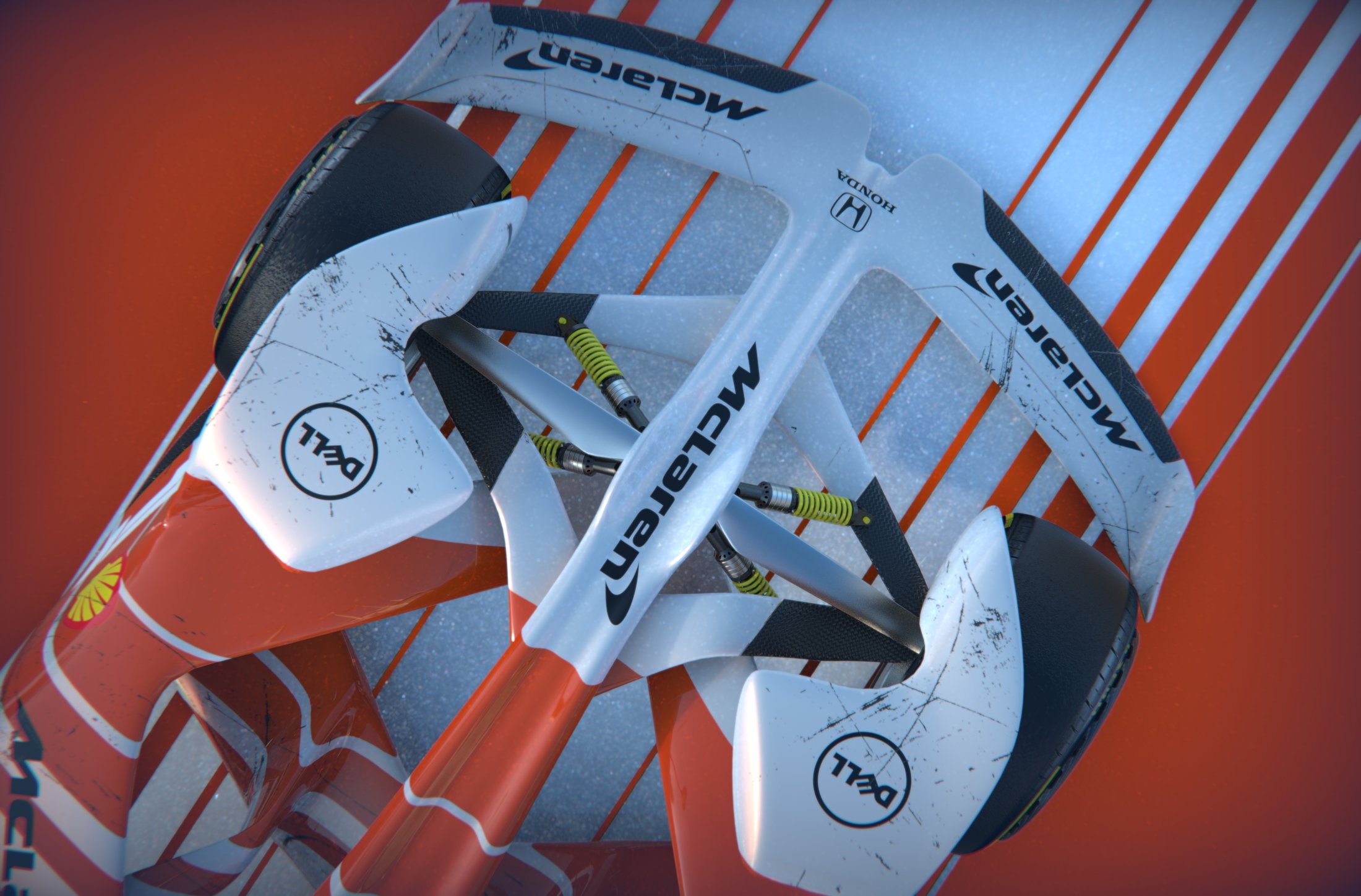 Close top-down view of the F1 McLaren concept front suspension