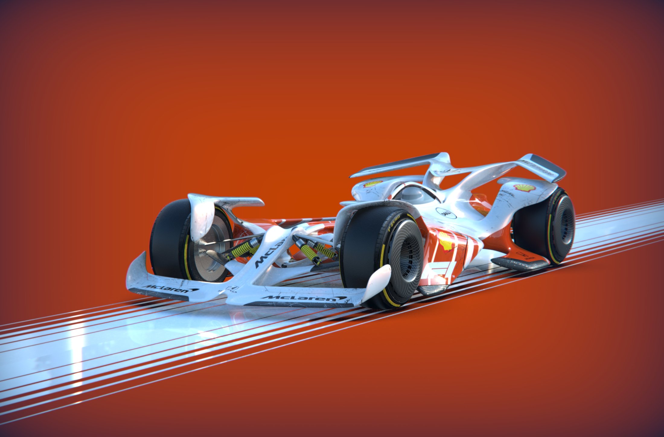 F1 McLaren concept studio render, front three-quarter