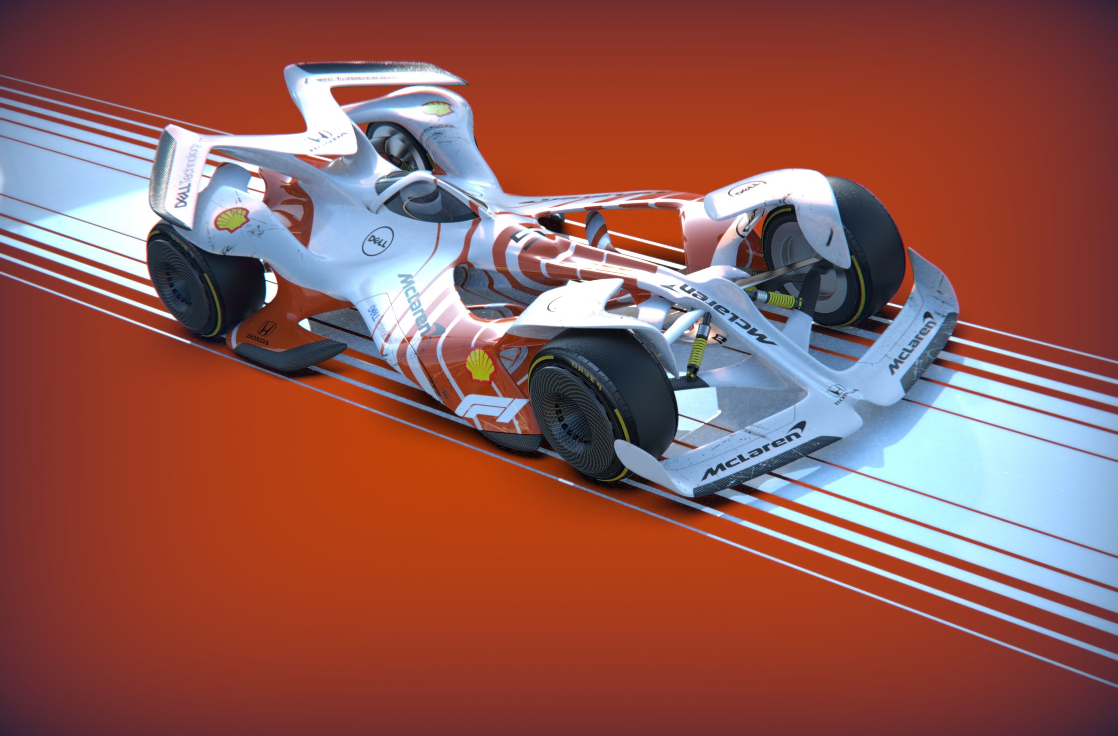 F1 McLaren concept studio render from above and behind