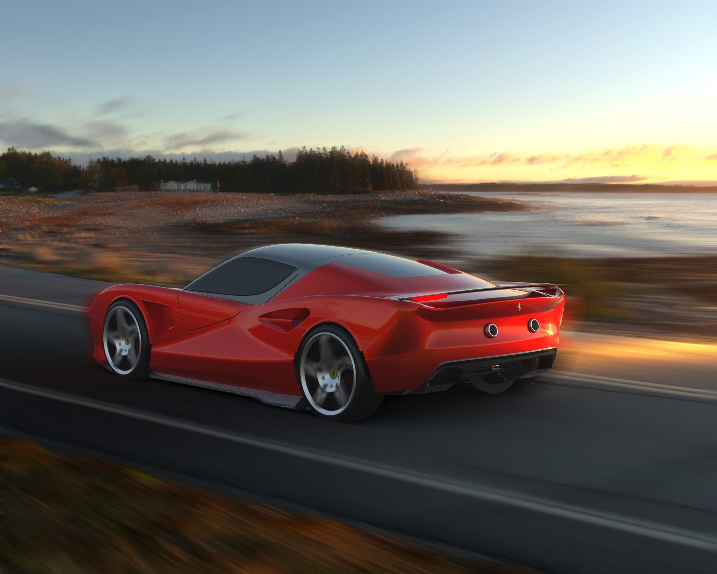 Ferrari FS90 rear render on a coastal road at golden hour