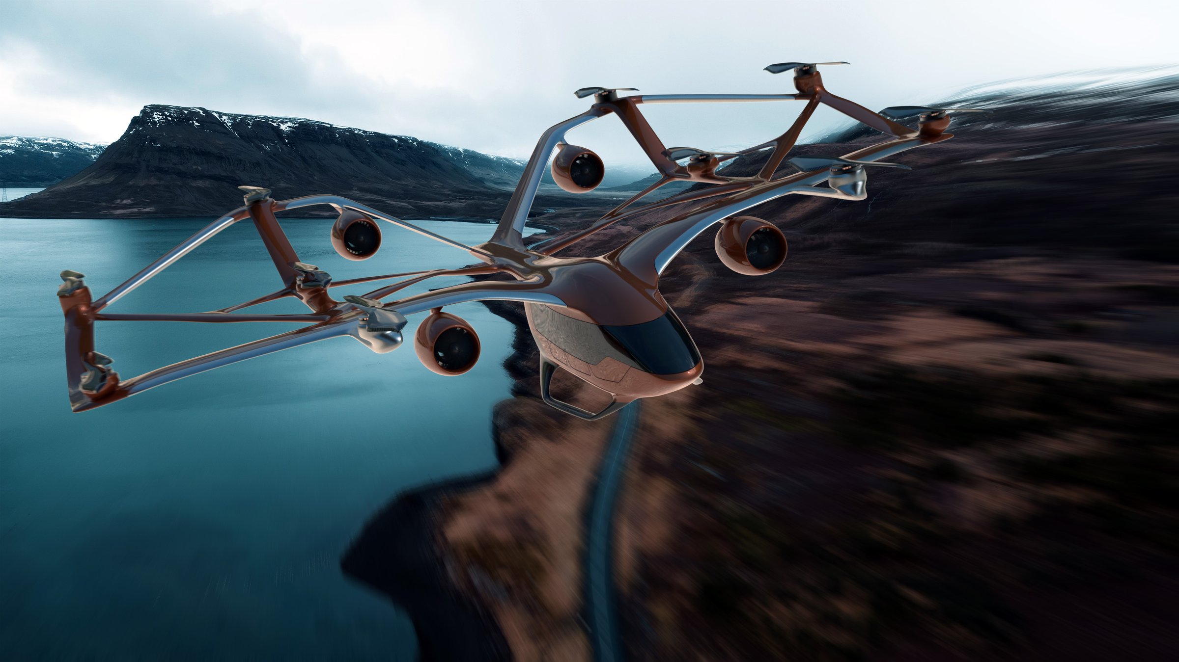 Exposed-frame multirotor air taxi over a fjord road